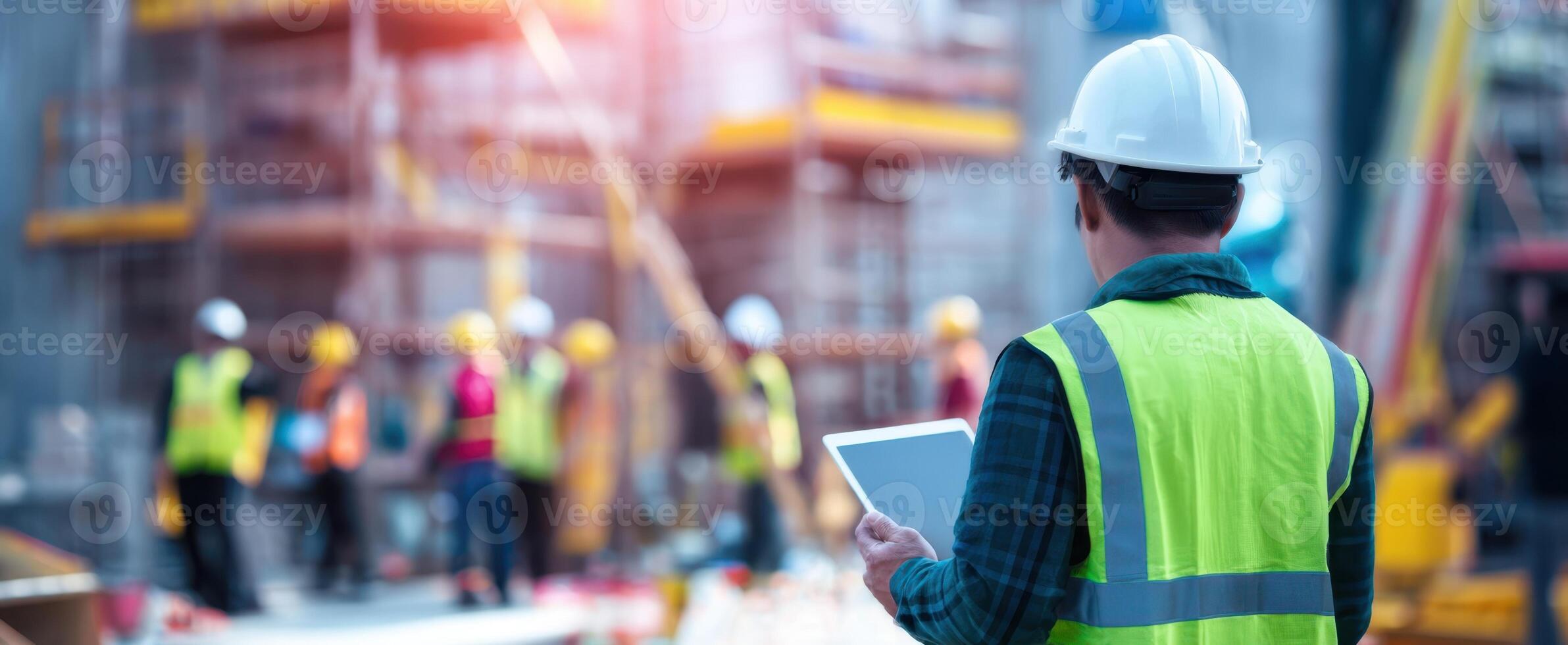 The construction worker using a tablet to manage site activities efficiently. photo