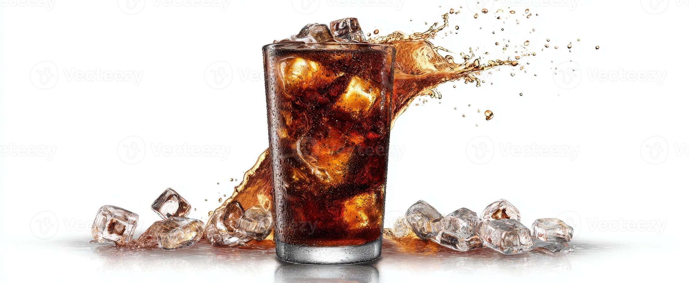 The refreshing glass of cola with ice splashing against a white background. photo