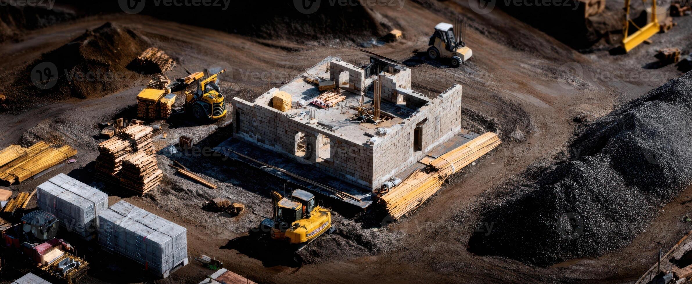 The construction site showcasing a developing building surrounded by machinery and materials. photo