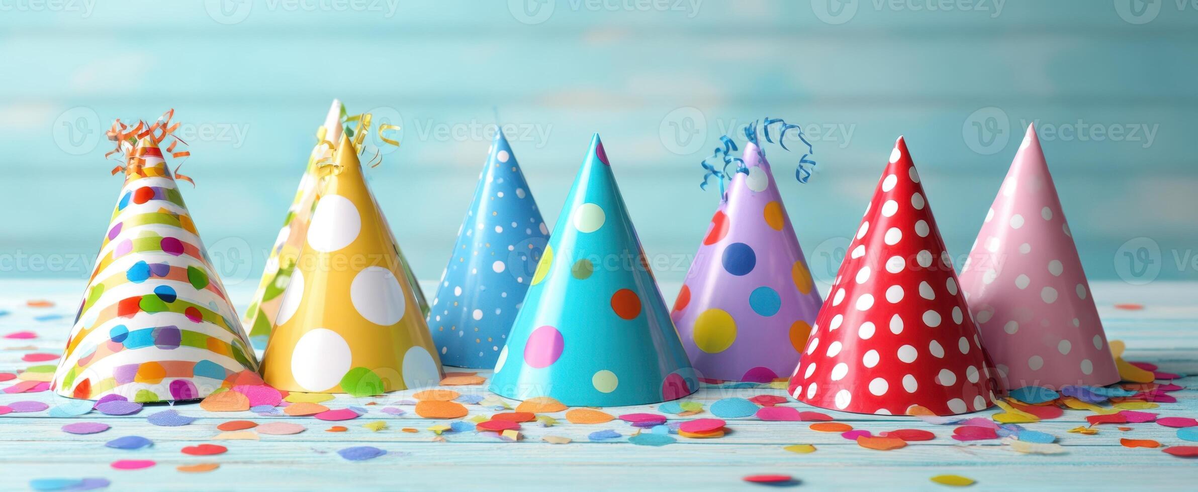 The colorful party hats celebrating a joyful and vibrant birthday occasion. photo