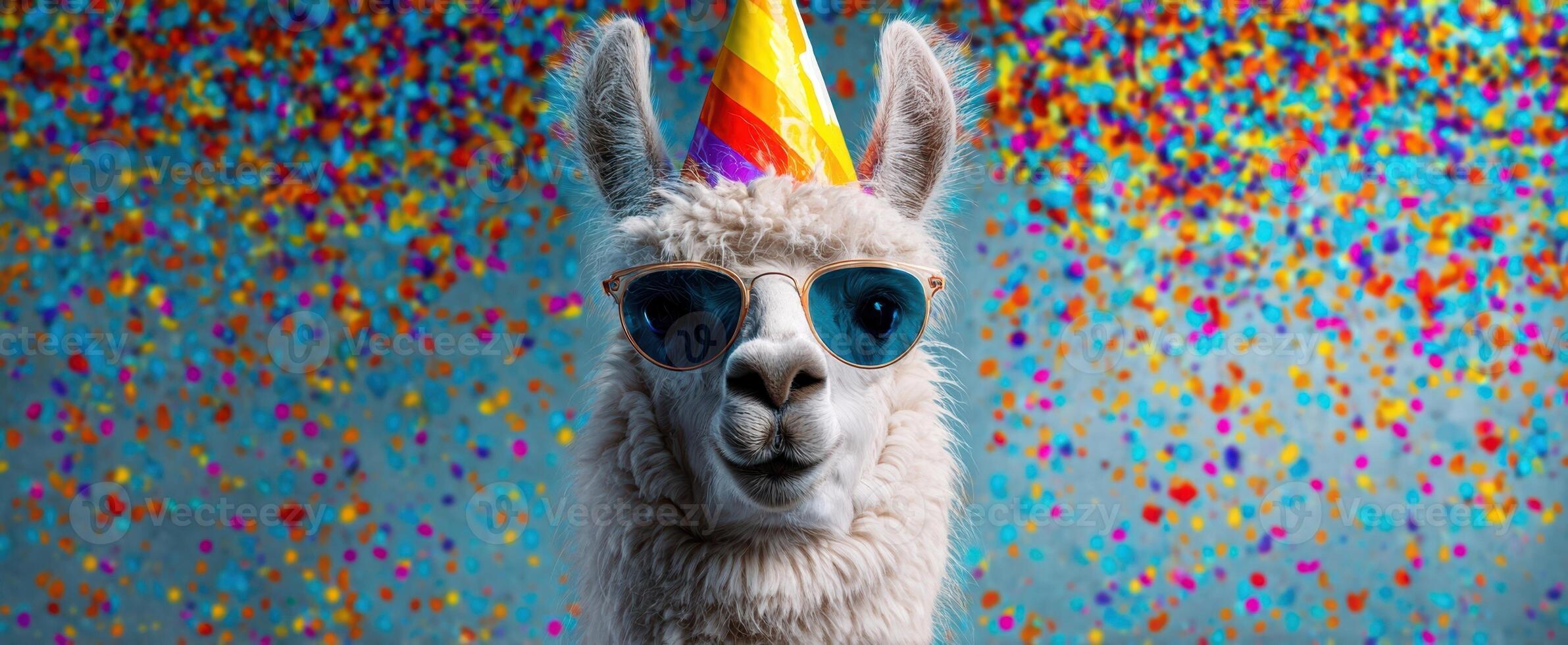 The festive llama wearing sunglasses and a colorful party hat with confetti. photo