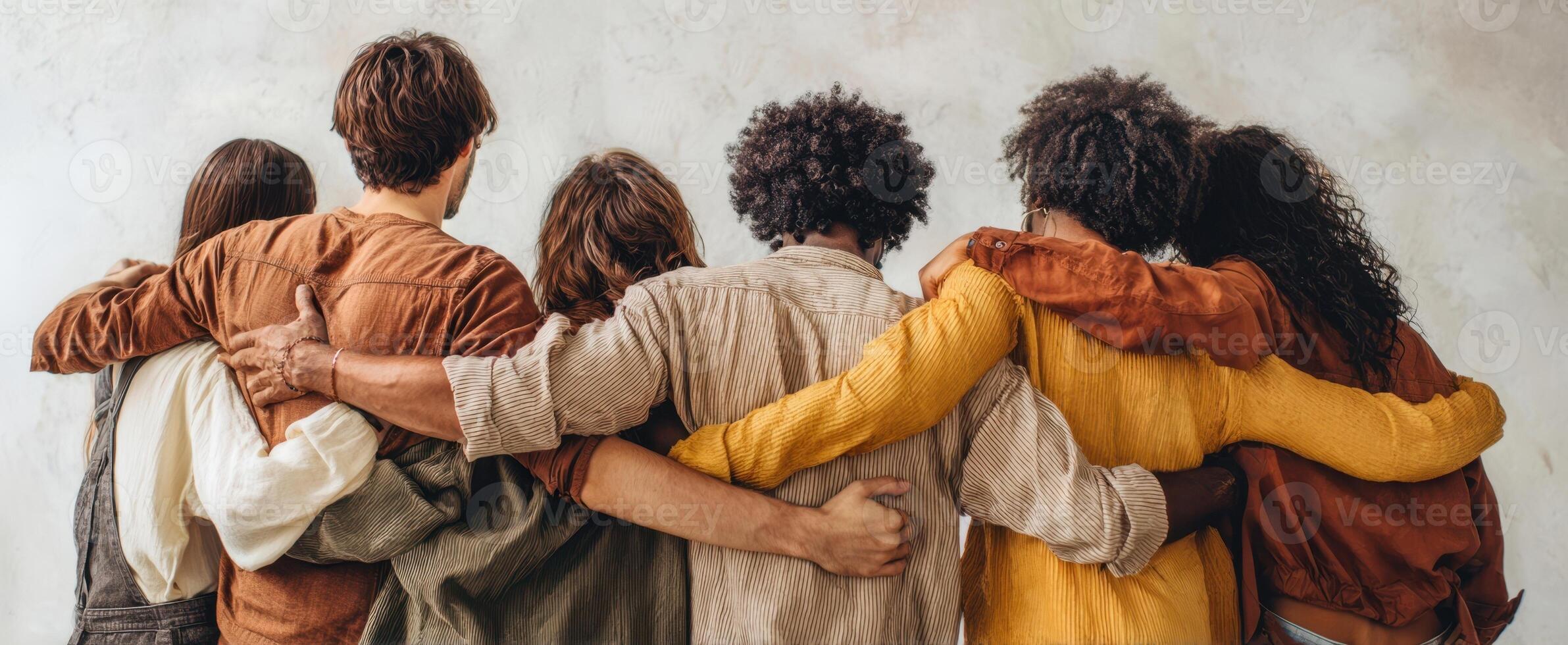 The group of friends embracing each other against a textured wall. photo