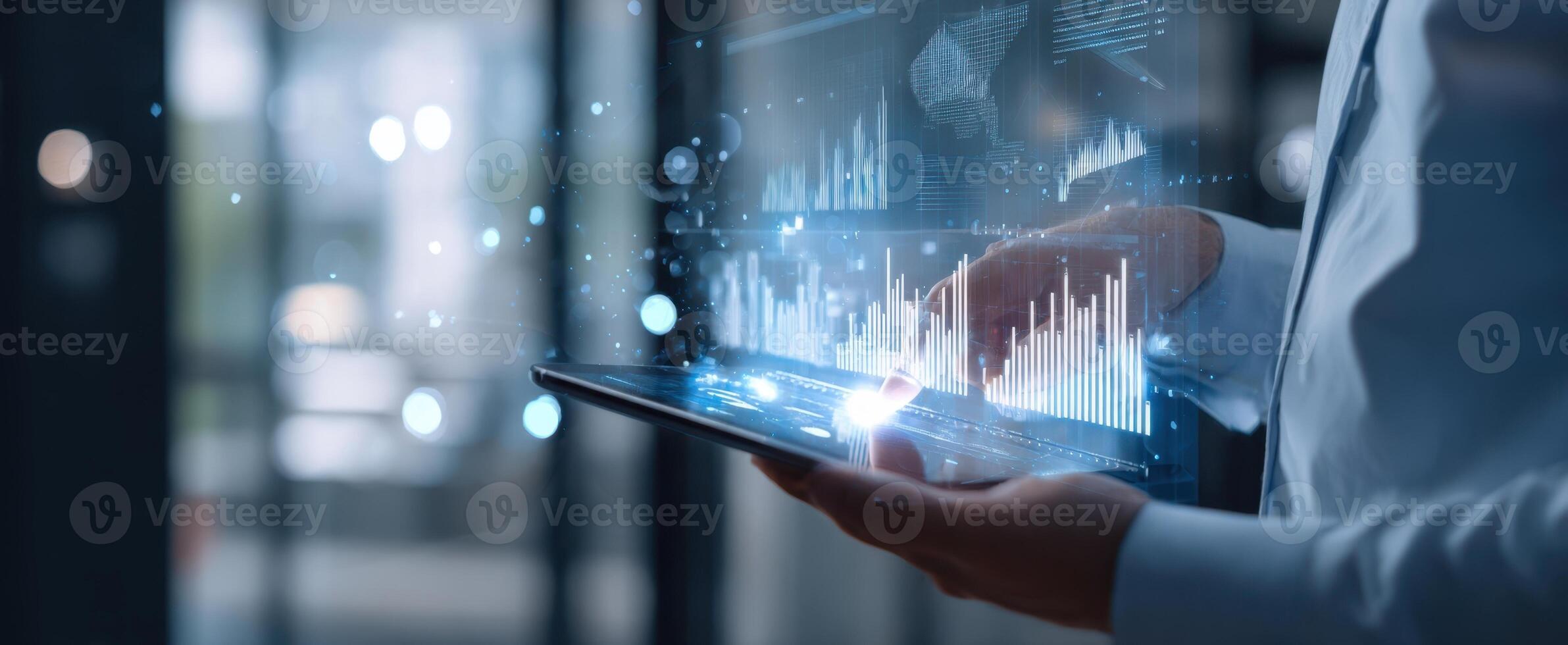 The tablet showcasing interactive data analytics and business growth trends. photo