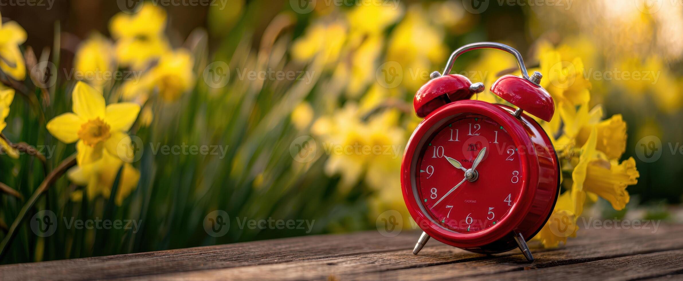 The red alarm clock surrounded by vibrant daffodils in a serene garden setting. photo