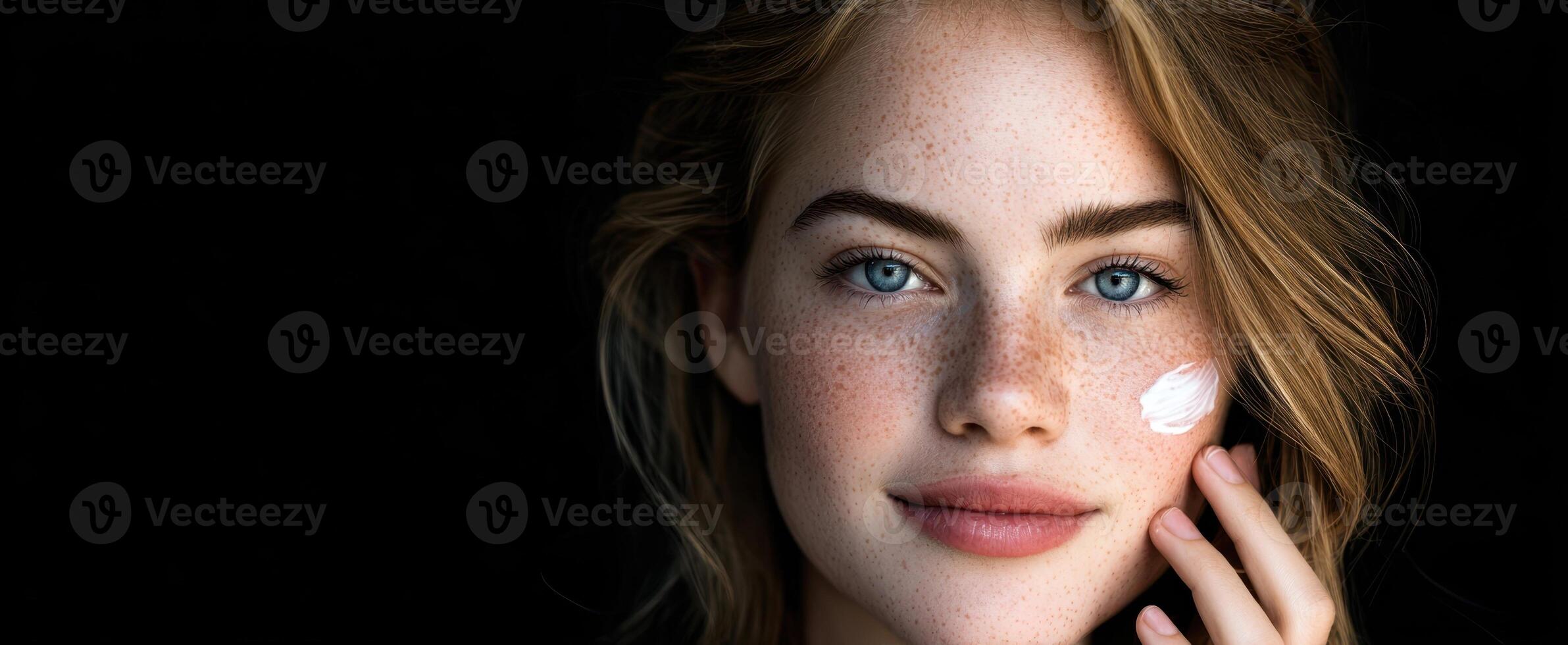 The stunning woman applying skincare with a radiant smile against a dark background. photo