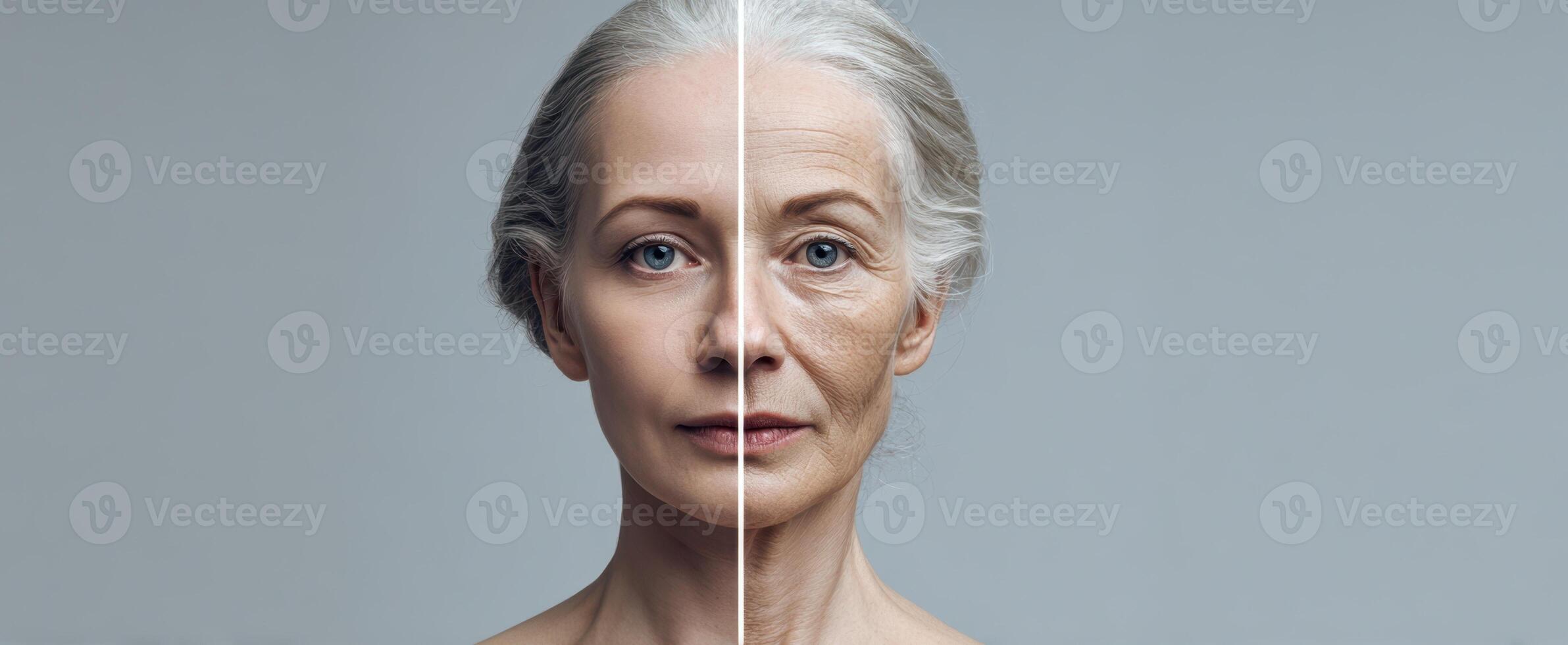 The transformation of a woman's face showcasing age differences and beauty. photo