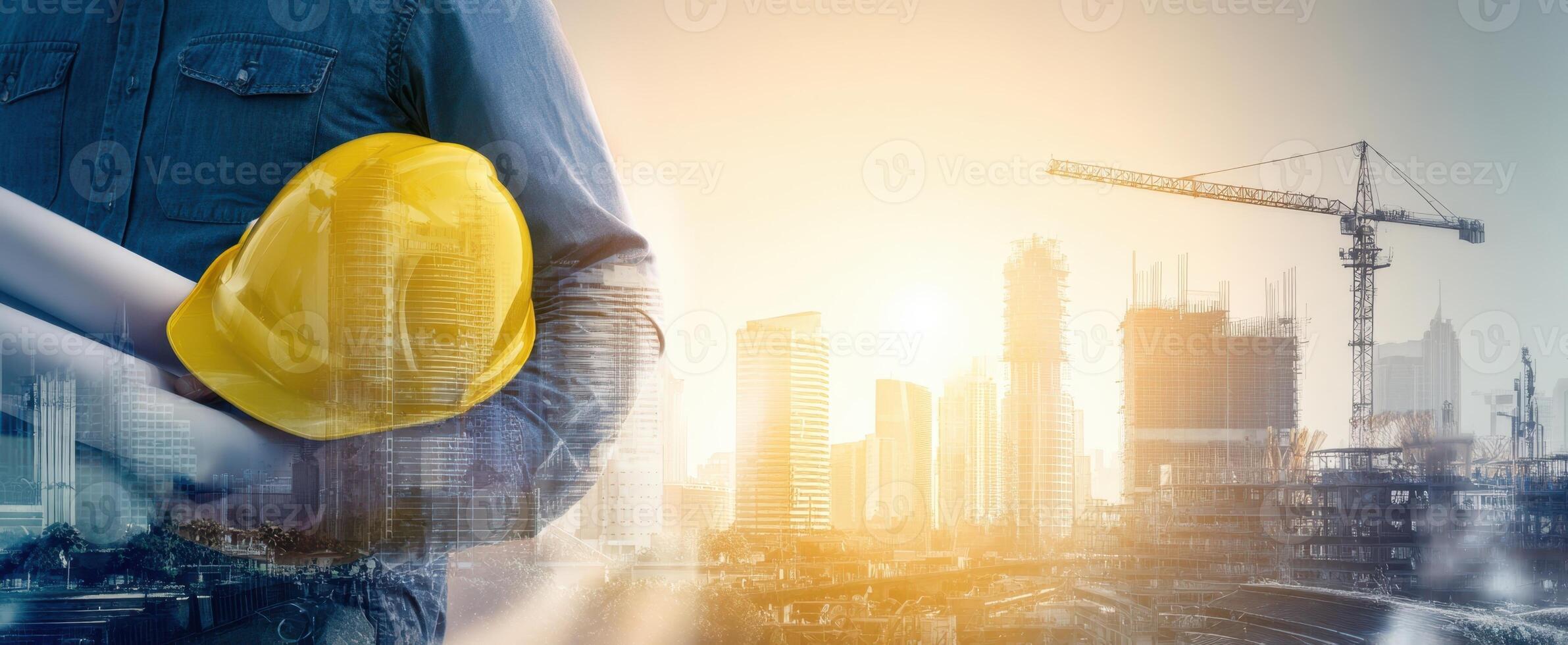 The construction worker holding blueprints and a helmet in a cityscape. photo