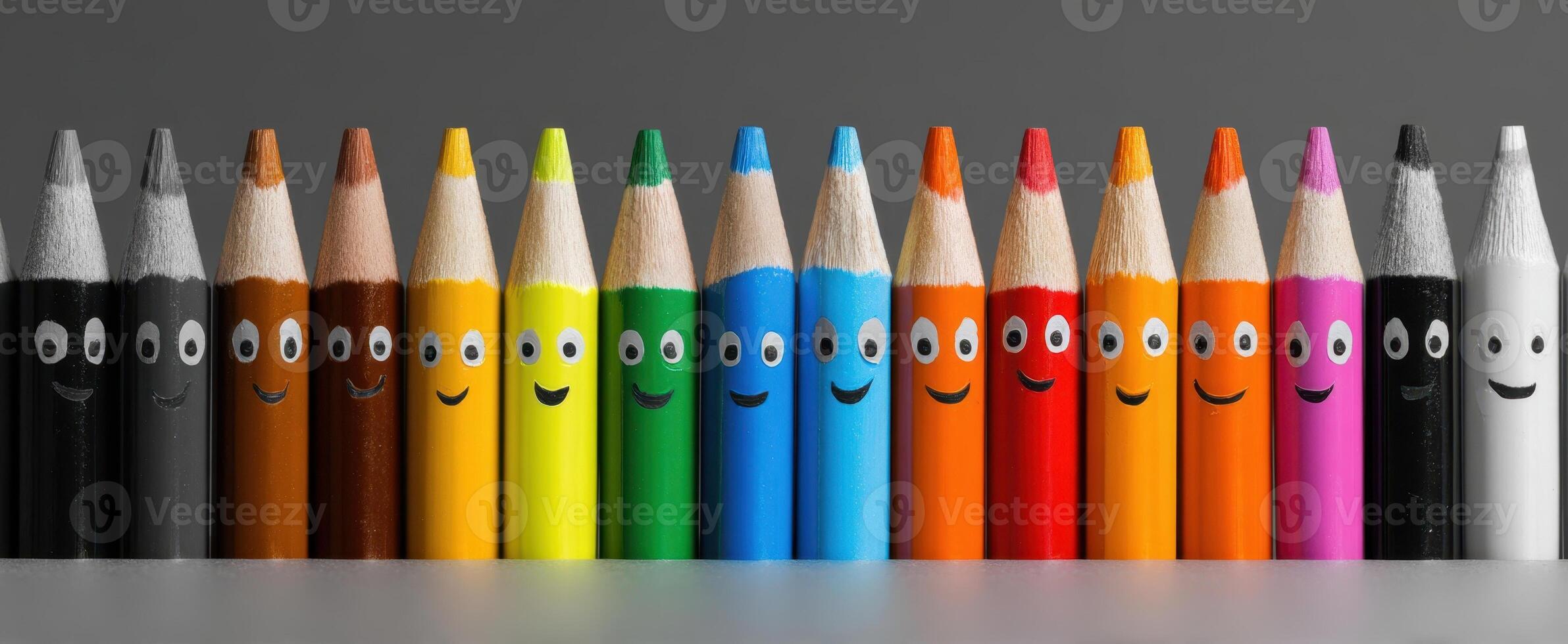 The colorful smiling pencils arranged in a playful and cheerful manner. photo