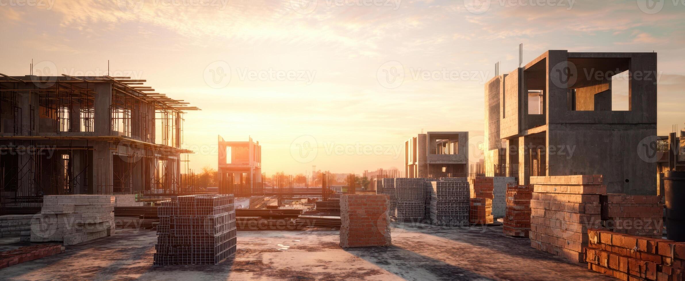 The construction site at sunrise showcasing building progress and development. photo
