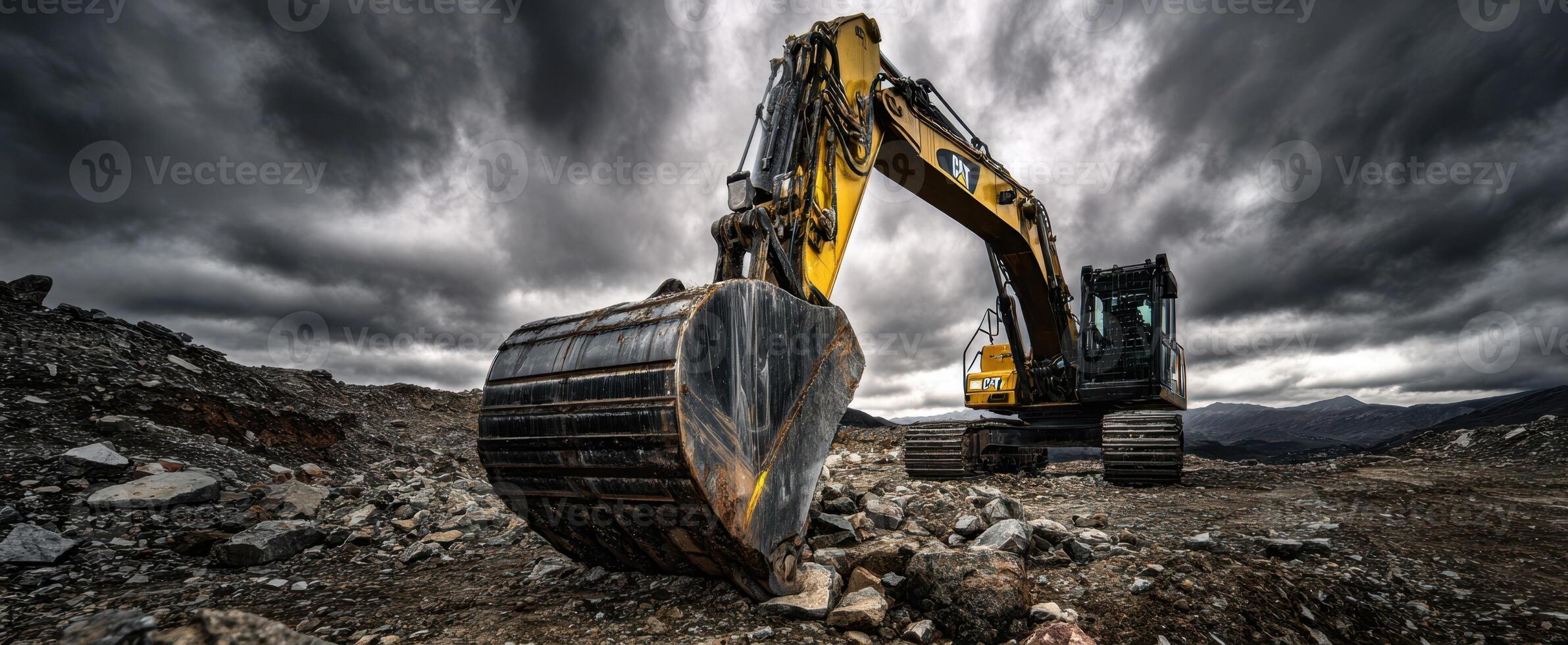 The powerful excavator harnessing strength in a dramatic landscape. photo