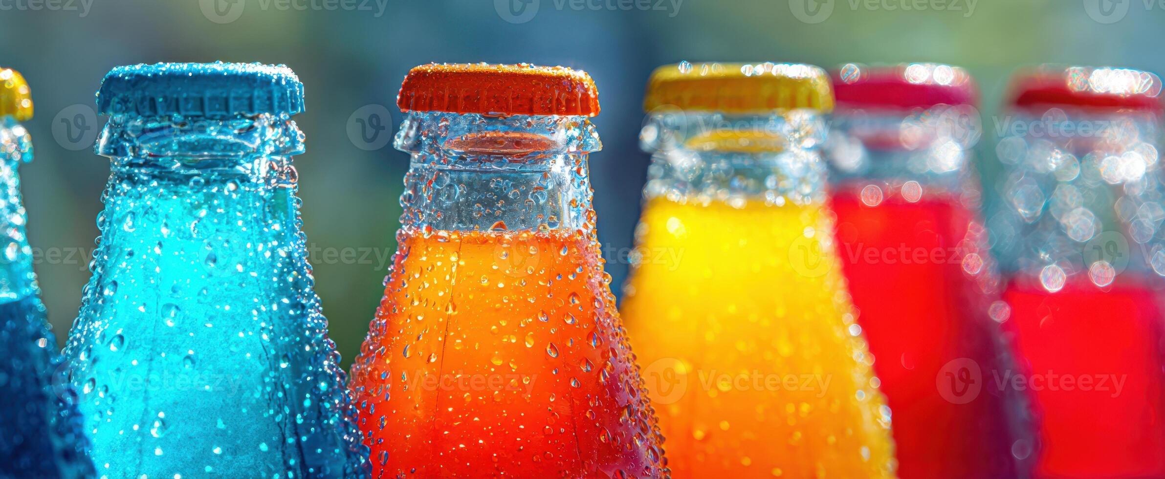 The colorful display of refreshing fizzy beverage bottles glistening with condensation. photo