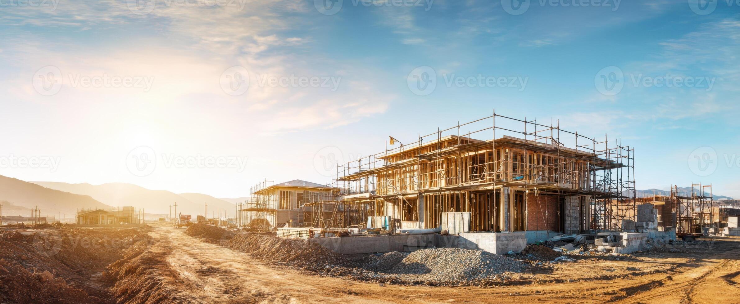 The construction site under a beautiful sunset showcasing progress and development photo