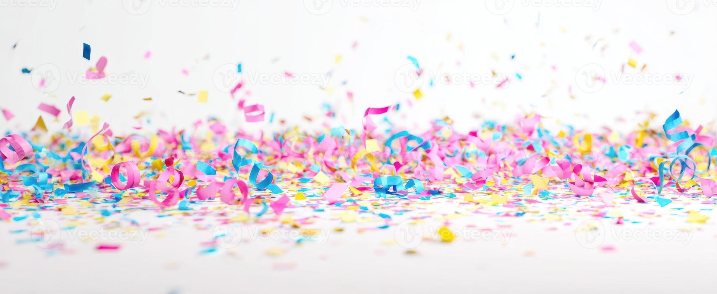 The colorful confetti scattering joyfully across a celebration backdrop. photo