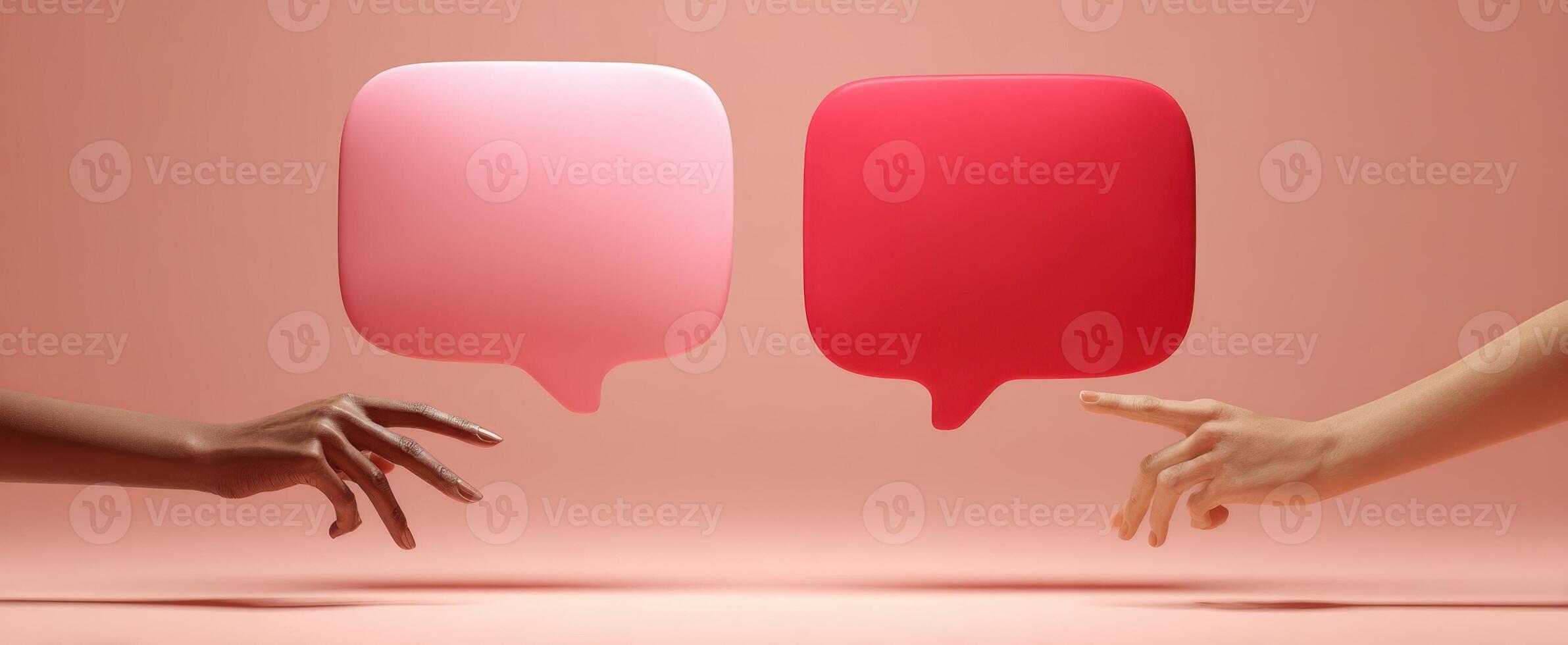 The artistic representation of hands reaching towards colorful speech bubbles photo