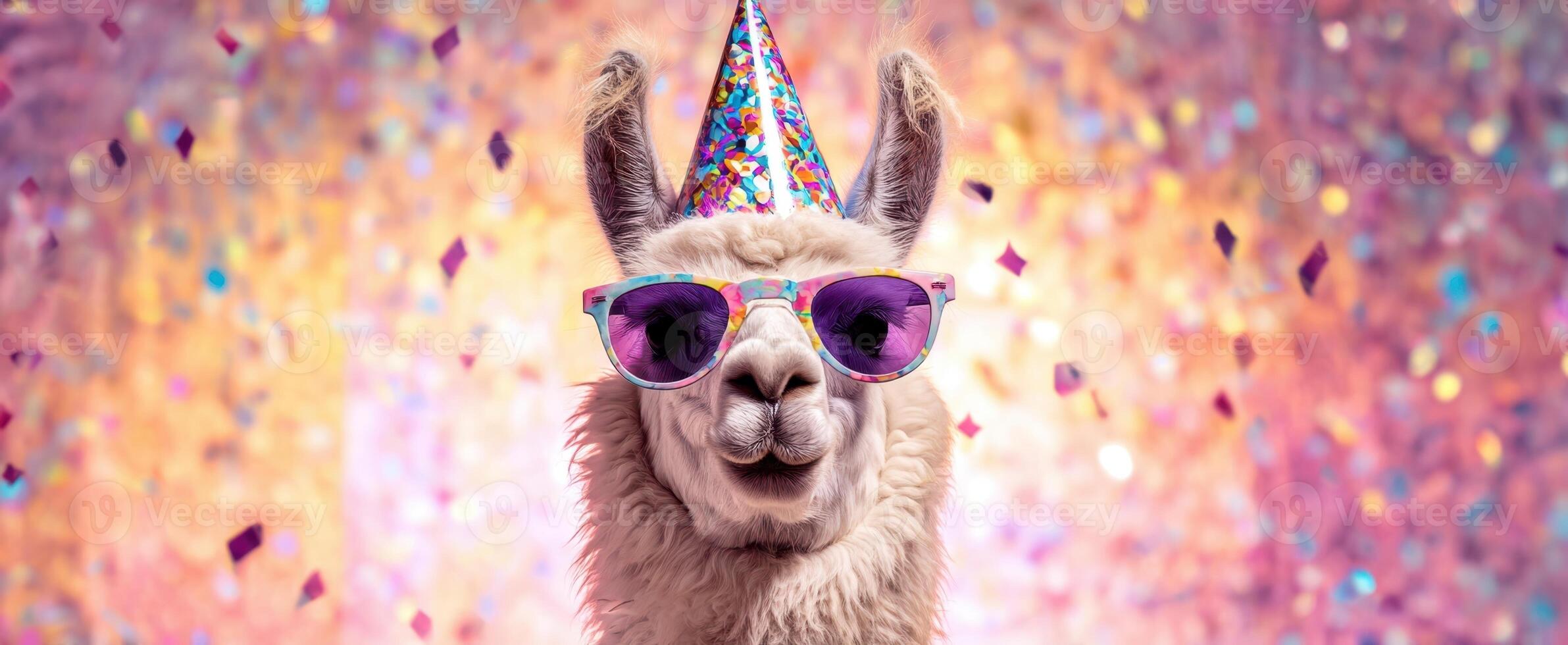 The Llama in Sunglasses Celebrating at a Colorful Party with Confetti. photo