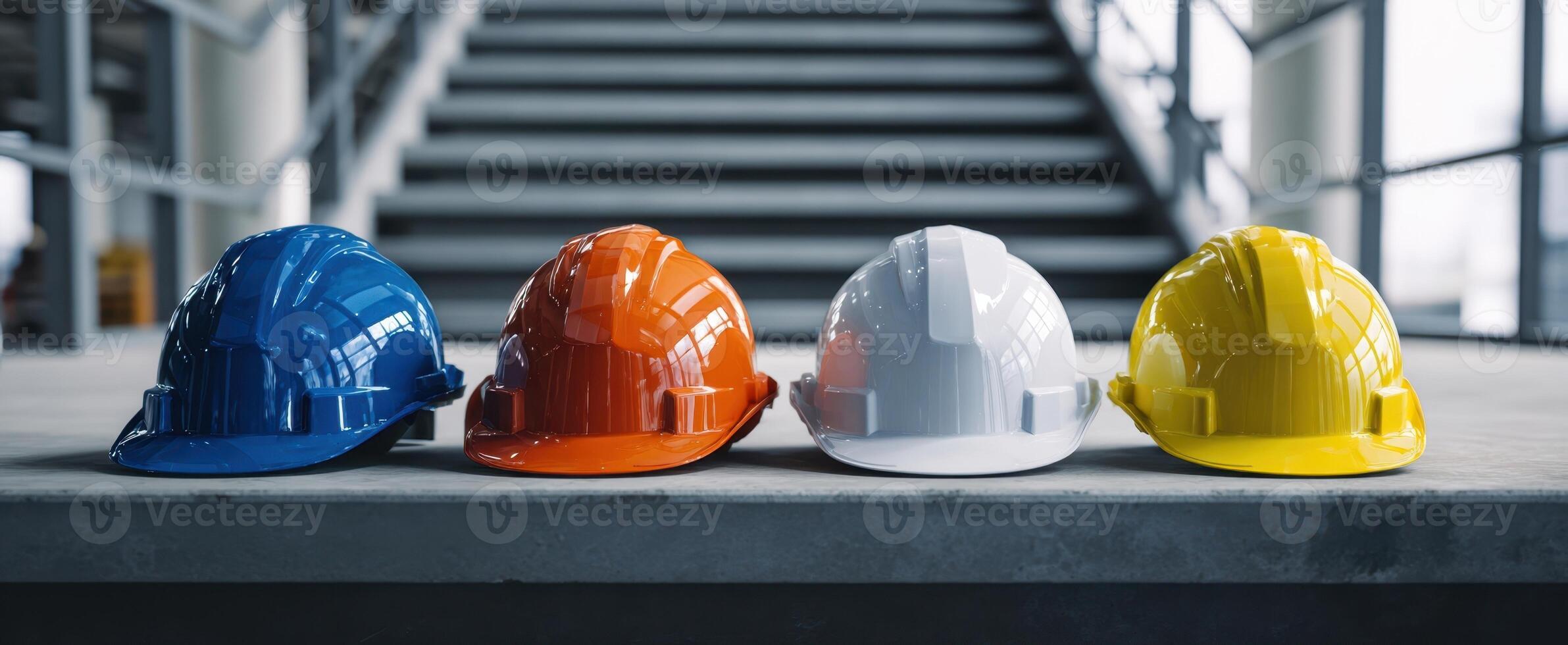 The colorful assortment of hard hats arranged on a construction site floor. photo