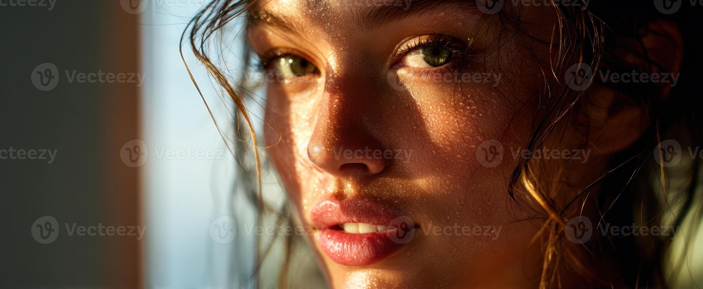 The radiant beauty of a woman illuminated by natural sunlight. photo