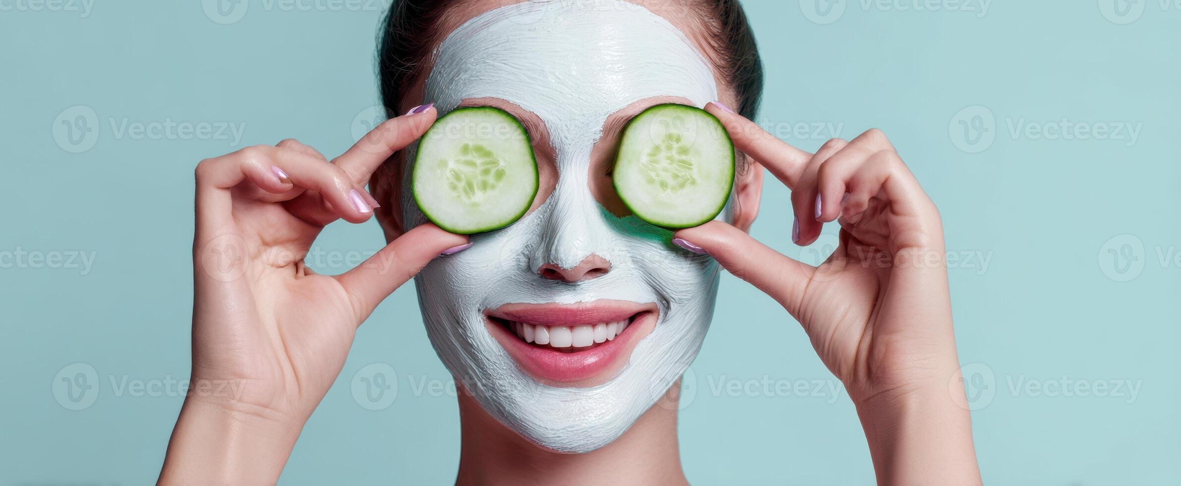 The woman enjoying a spa treatment with cucumbers and a facial mask. photo