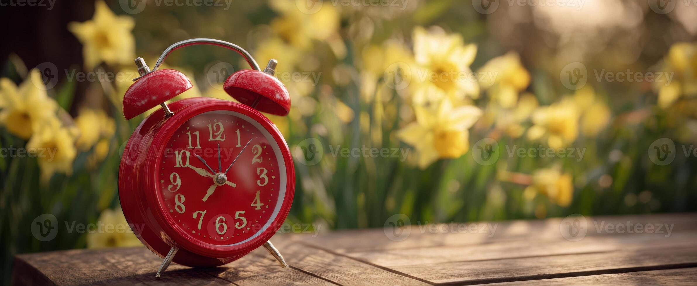 The Red Alarm Clock Amidst Blooming Daffodils in a Serene Garden Setting photo