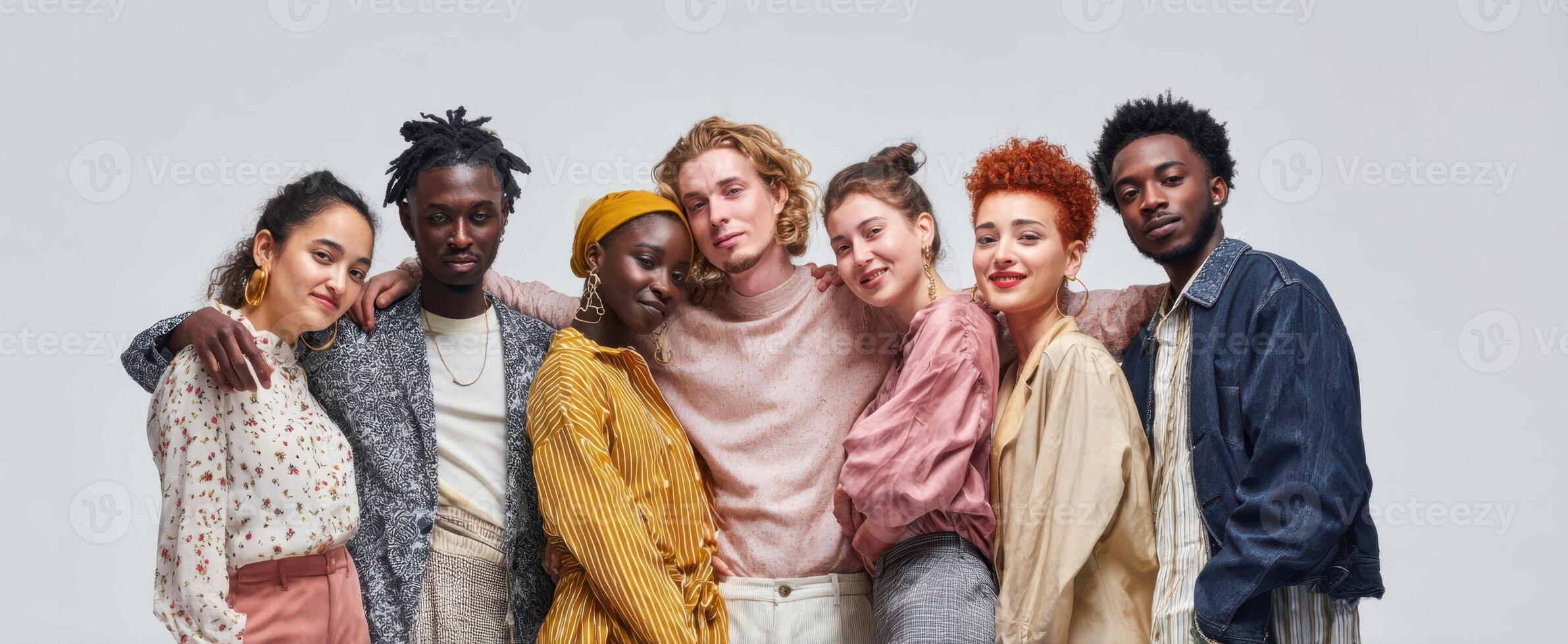 The diverse group of friends joyfully posing together in a modern studio setting. photo