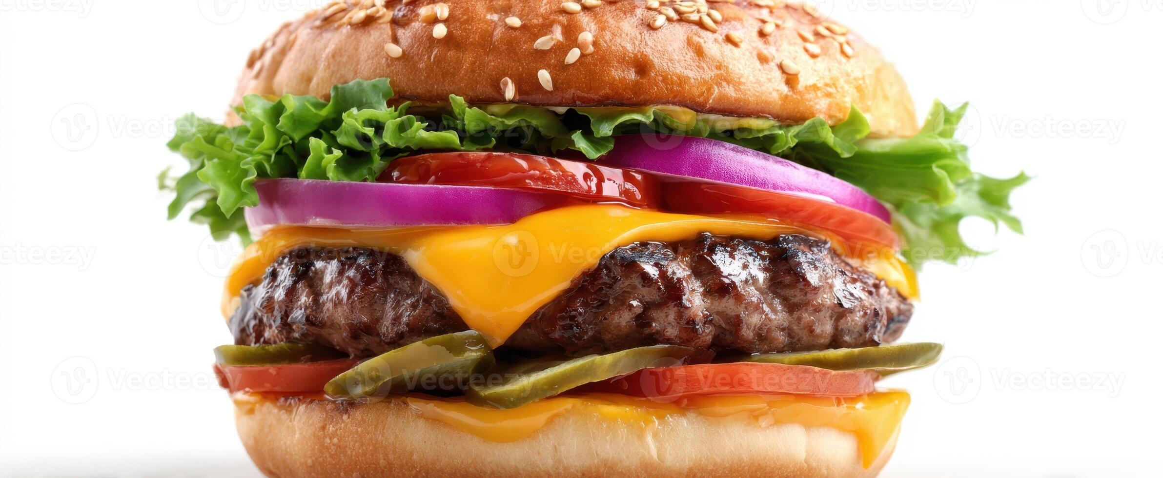 The delicious cheeseburger stacked with fresh ingredients and mouthwatering flavors. photo