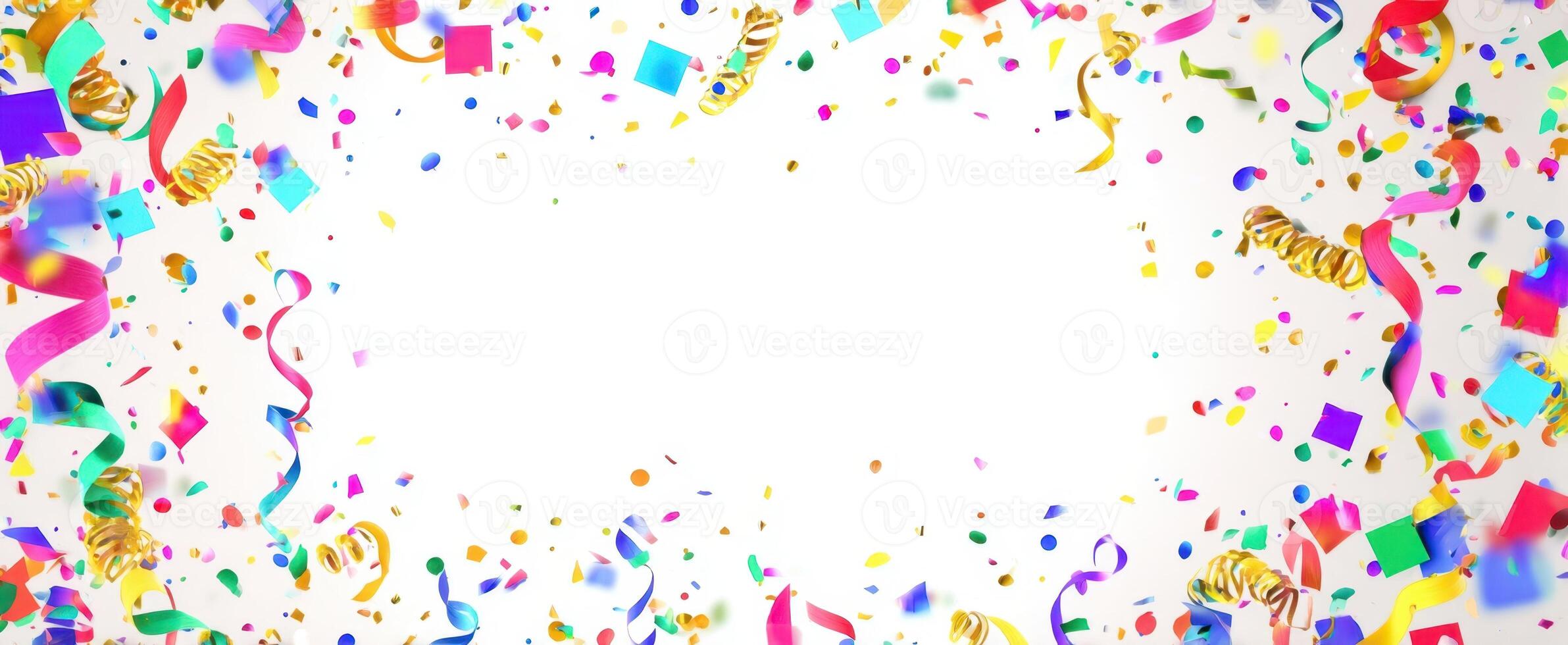 The colorful confetti and streamers surrounding a blank festive backdrop. photo
