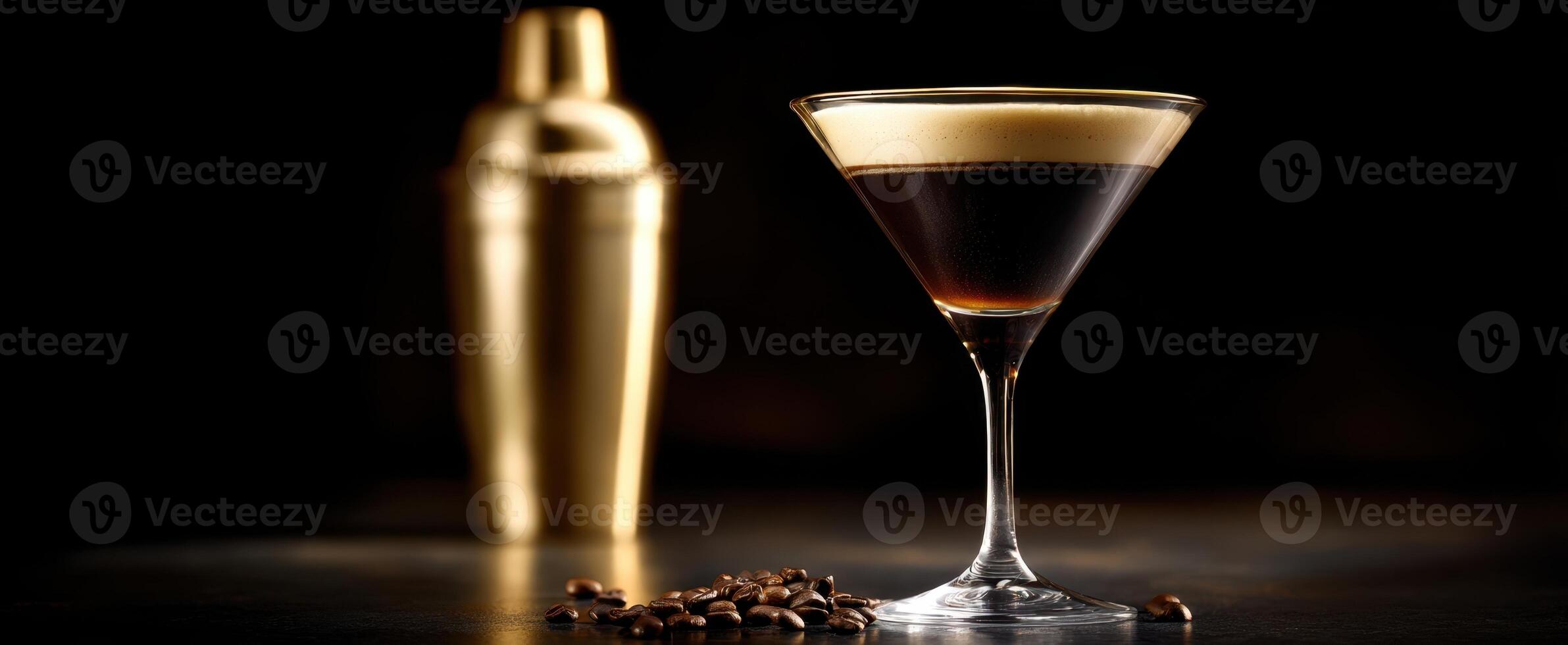 The elegant espresso martini garnished with coffee beans in a stylish bar setting. photo