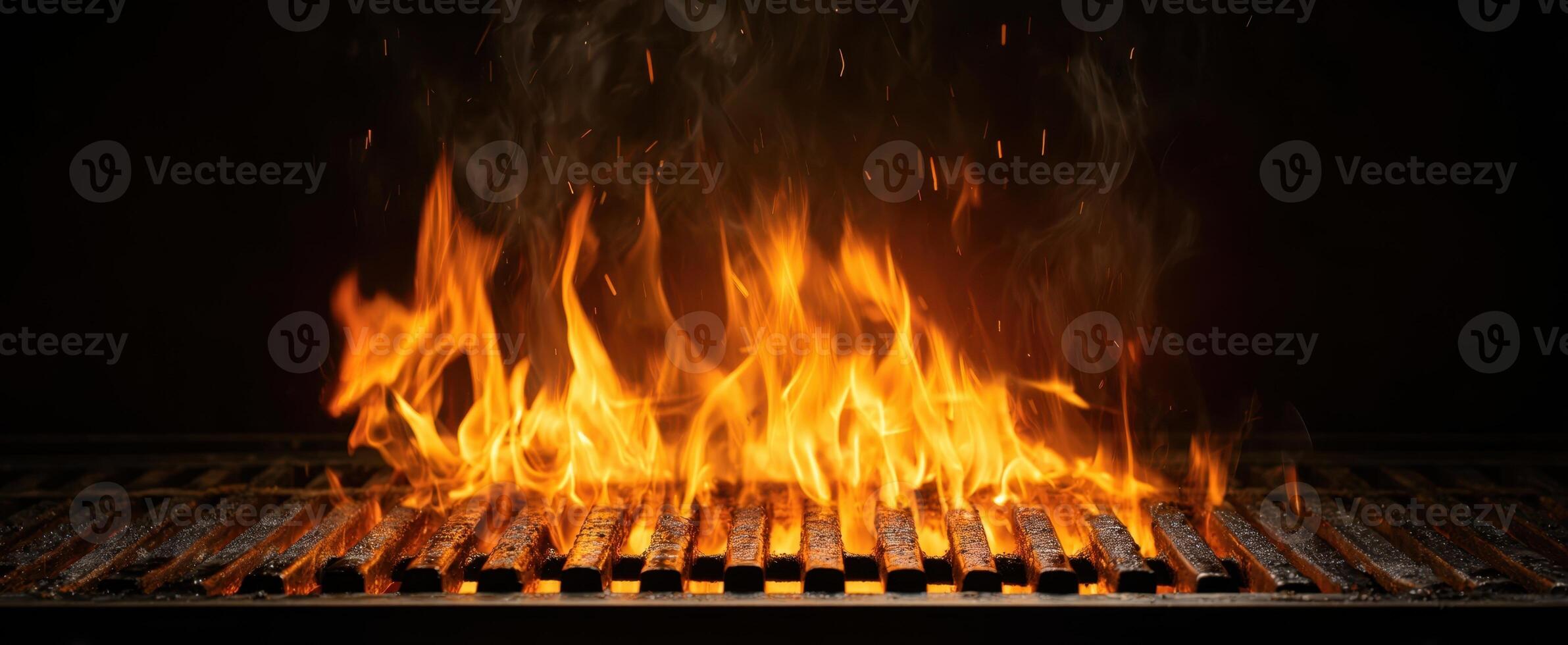The glowing flames dance over the grill in a vibrant culinary display. photo