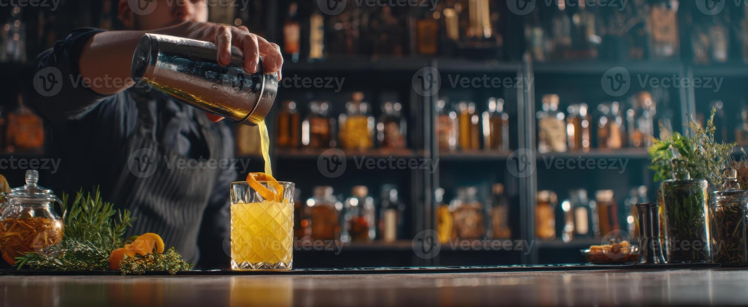 The Bartender Pouring a Colorful Cocktail with Fresh Ingredients and Herbs photo