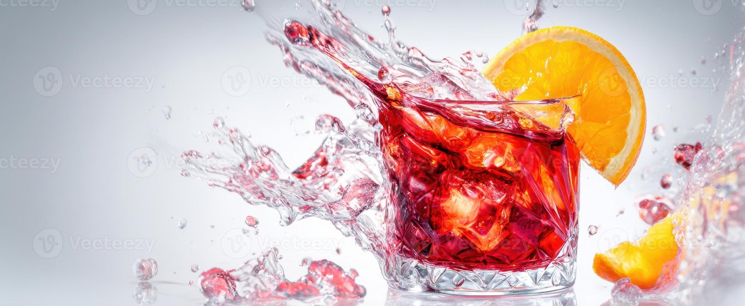 The refreshing cocktail splash with vibrant citrus garnish and ice cubes. photo