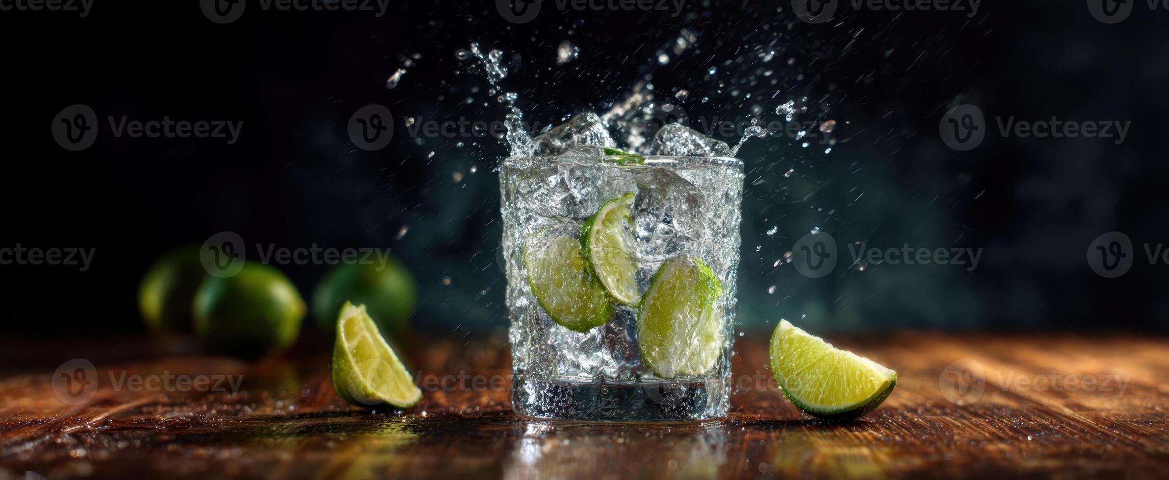 The refreshing beverage with lime and splash in a glass on a wooden table. photo