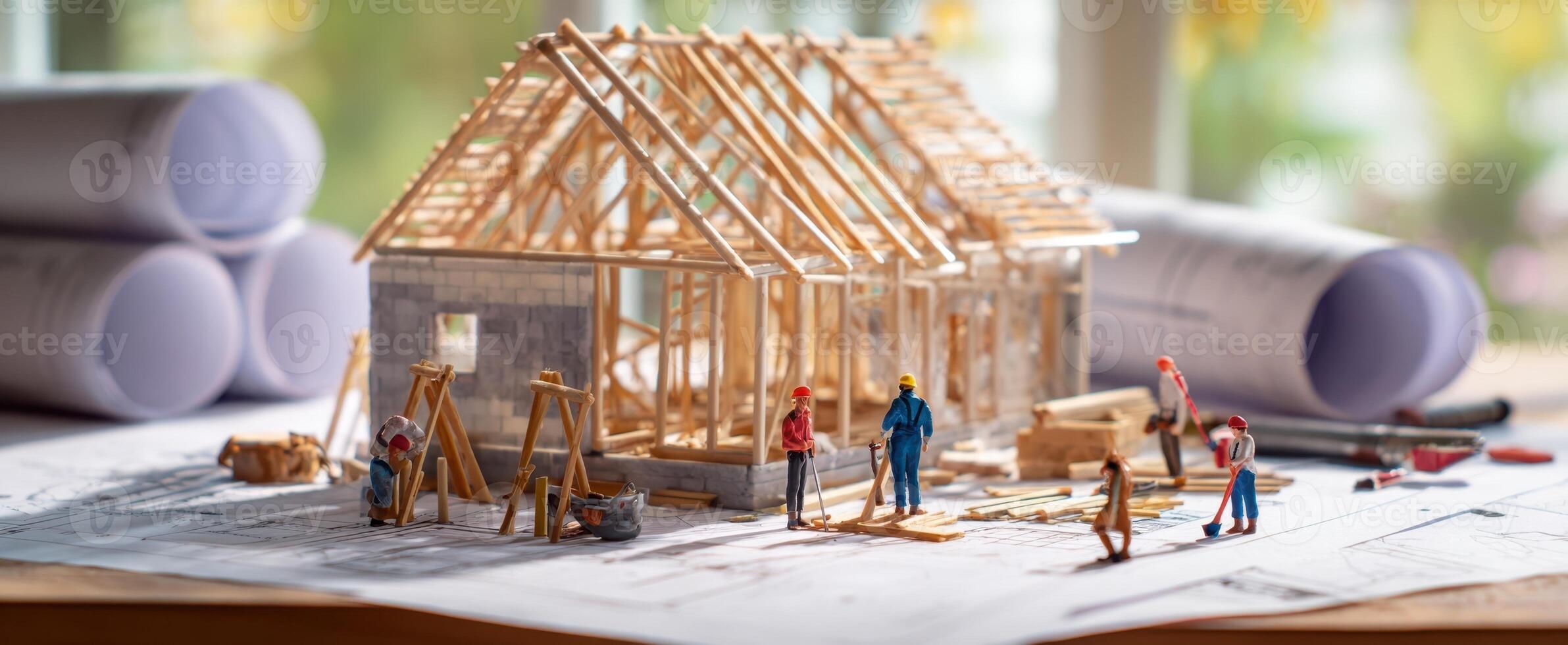 The miniature construction project featuring builders and a house model. photo