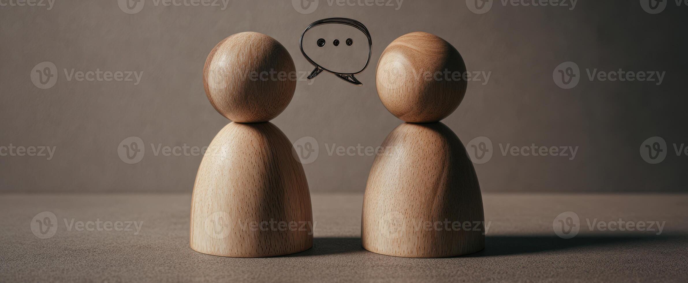 The wooden figures engaged in a conversation with a dialogue bubble. photo