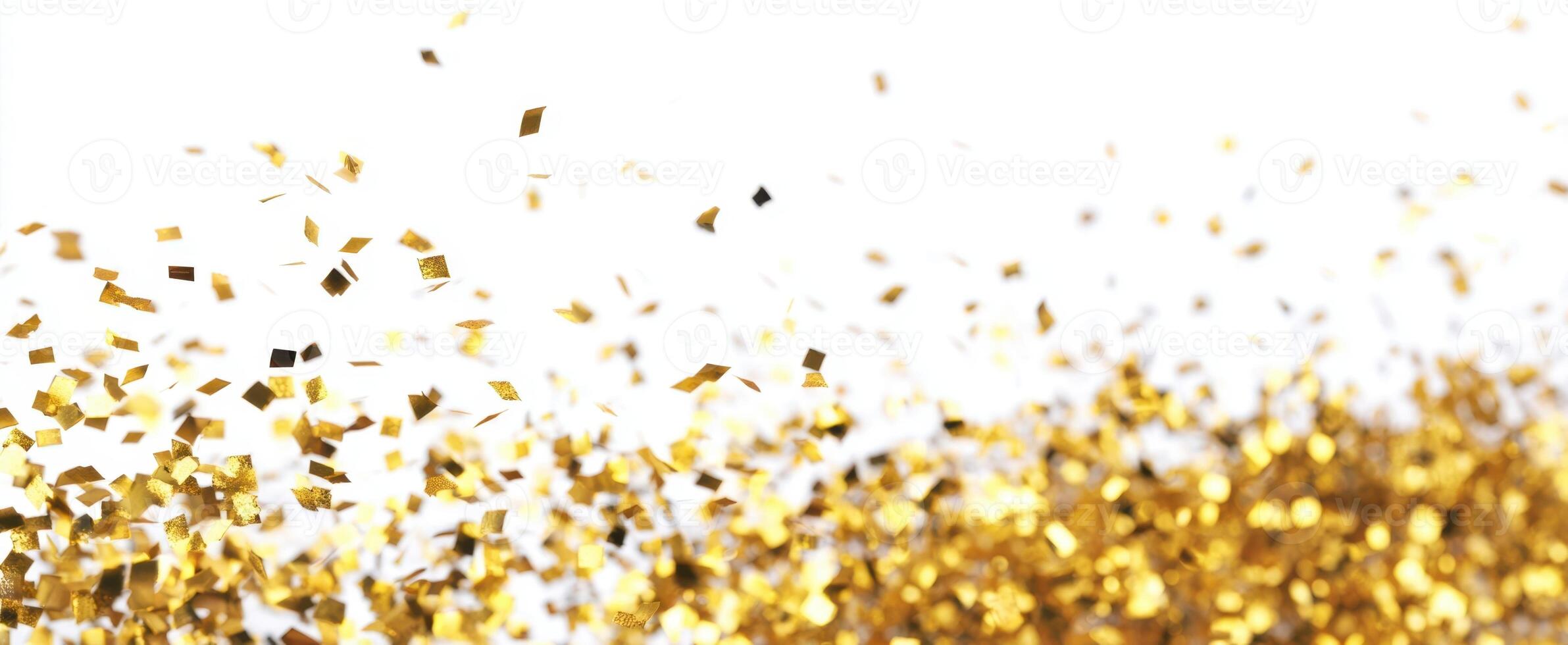 The golden confetti sparkling against a bright white background for celebrations. photo