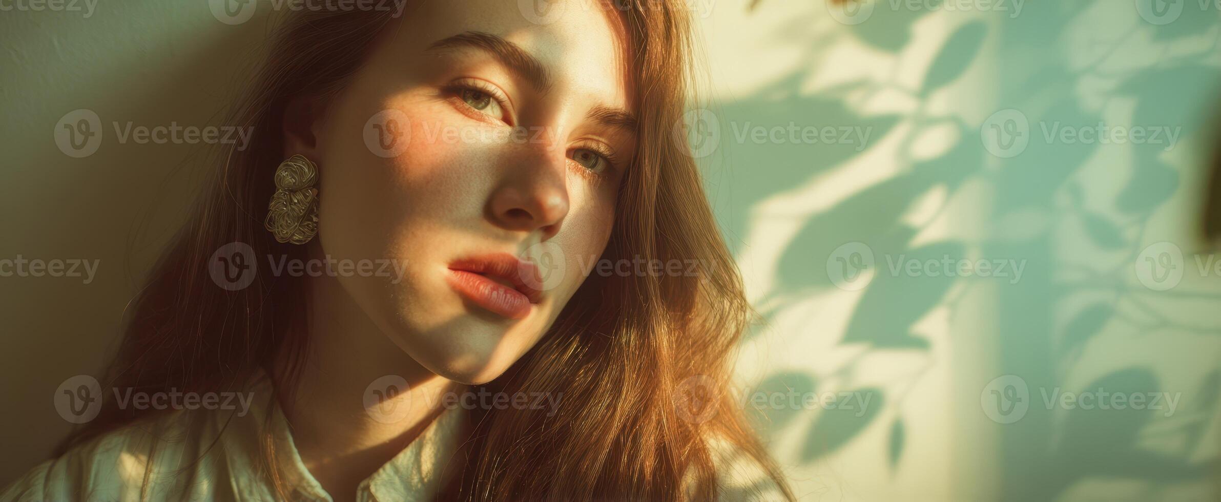 The serene beauty of a woman illuminated by soft sunlight and shadows. photo