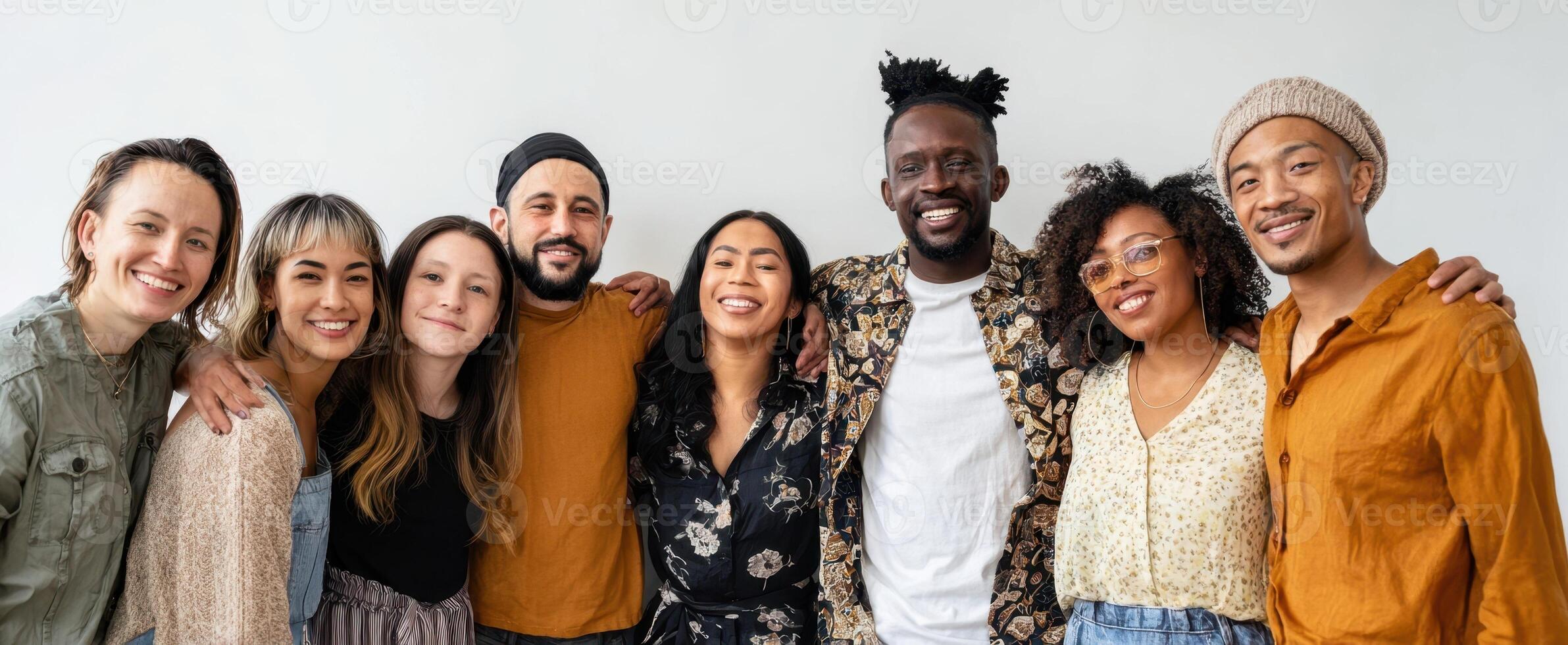 The diverse group of friends sharing laughter and joy in a casual setting. photo