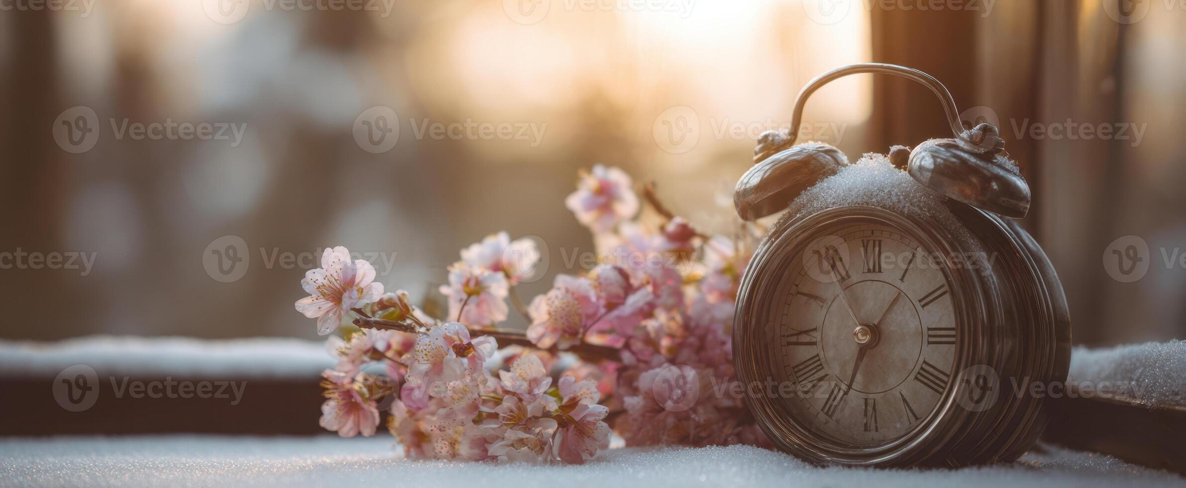 The vintage clock surrounded by delicate cherry blossoms and soft snow photo