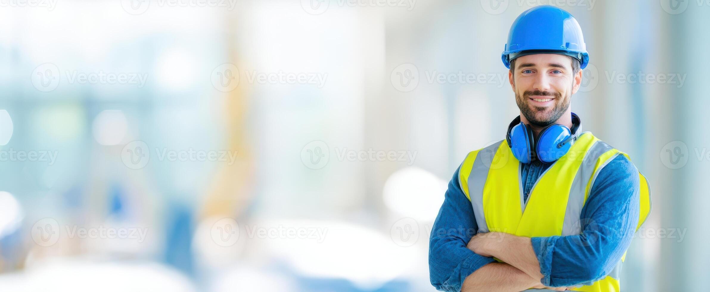 The construction worker wearing a safety helmet and smiling at the camera. photo