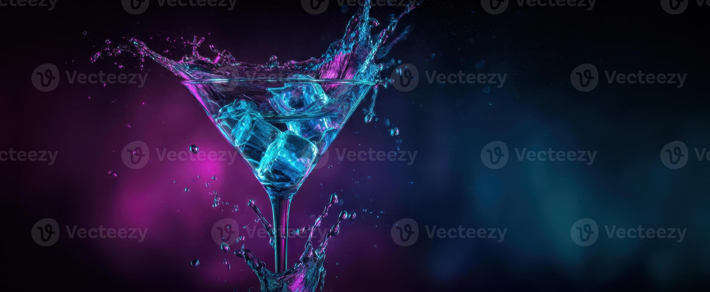 The vibrant splash of a cocktail in an elegant glass with ice cubes. photo