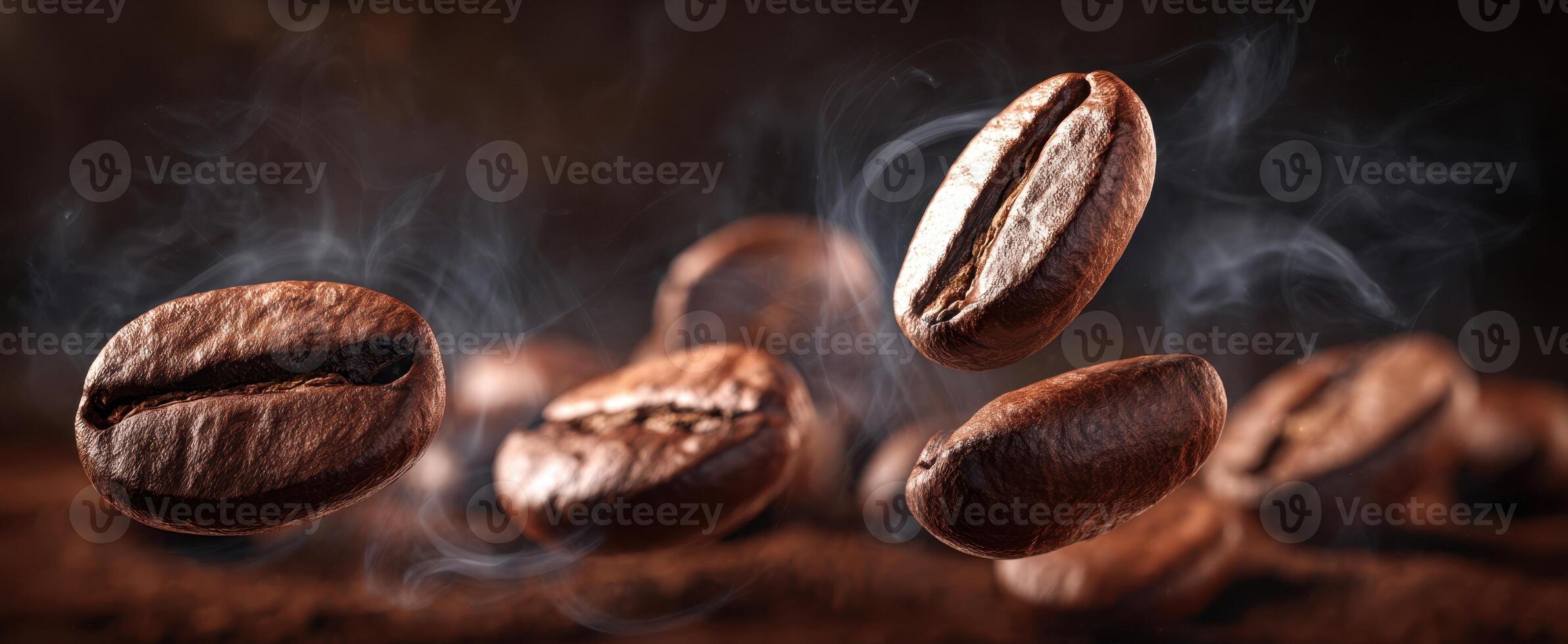 The floating coffee beans surrounded by aromatic steam and rich textures. photo