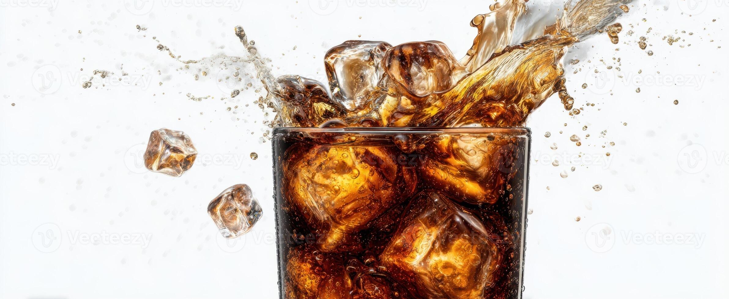The refreshing splash of cola with ice in a glass. photo