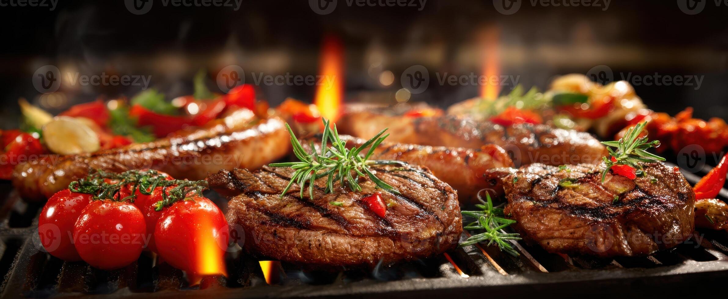 The sizzling steaks and vibrant vegetables creating a gourmet grill feast. photo