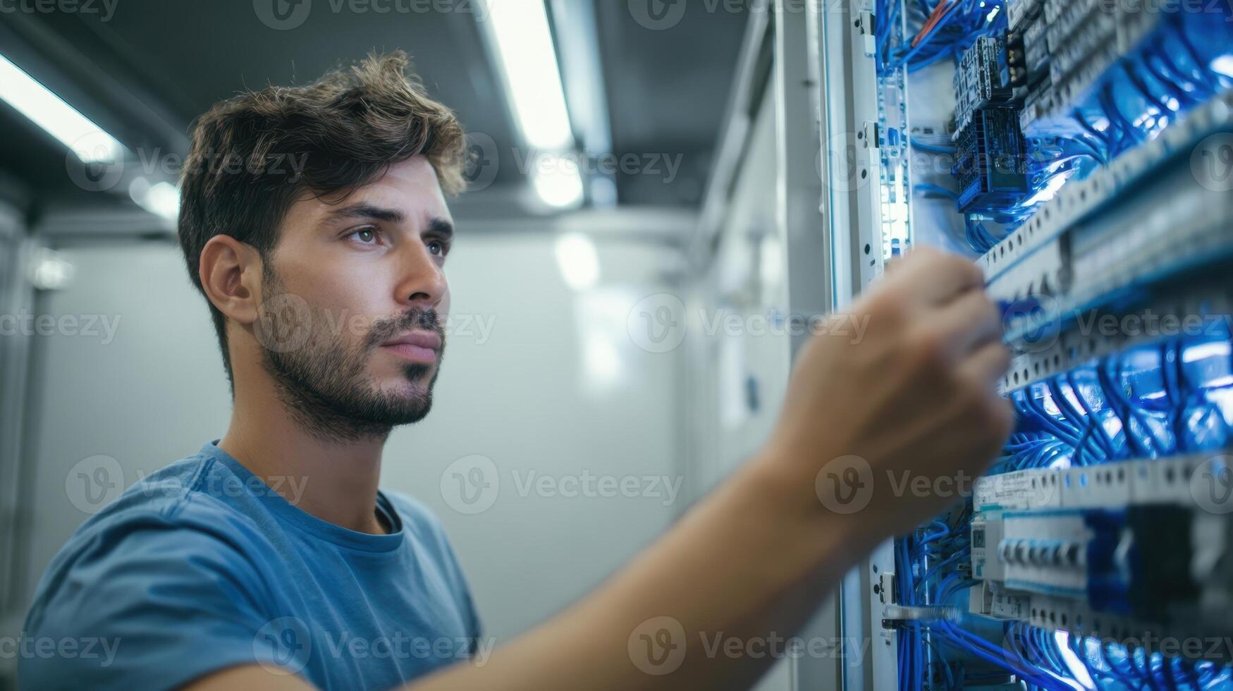The technician working diligently on a server in a modern data center. photo