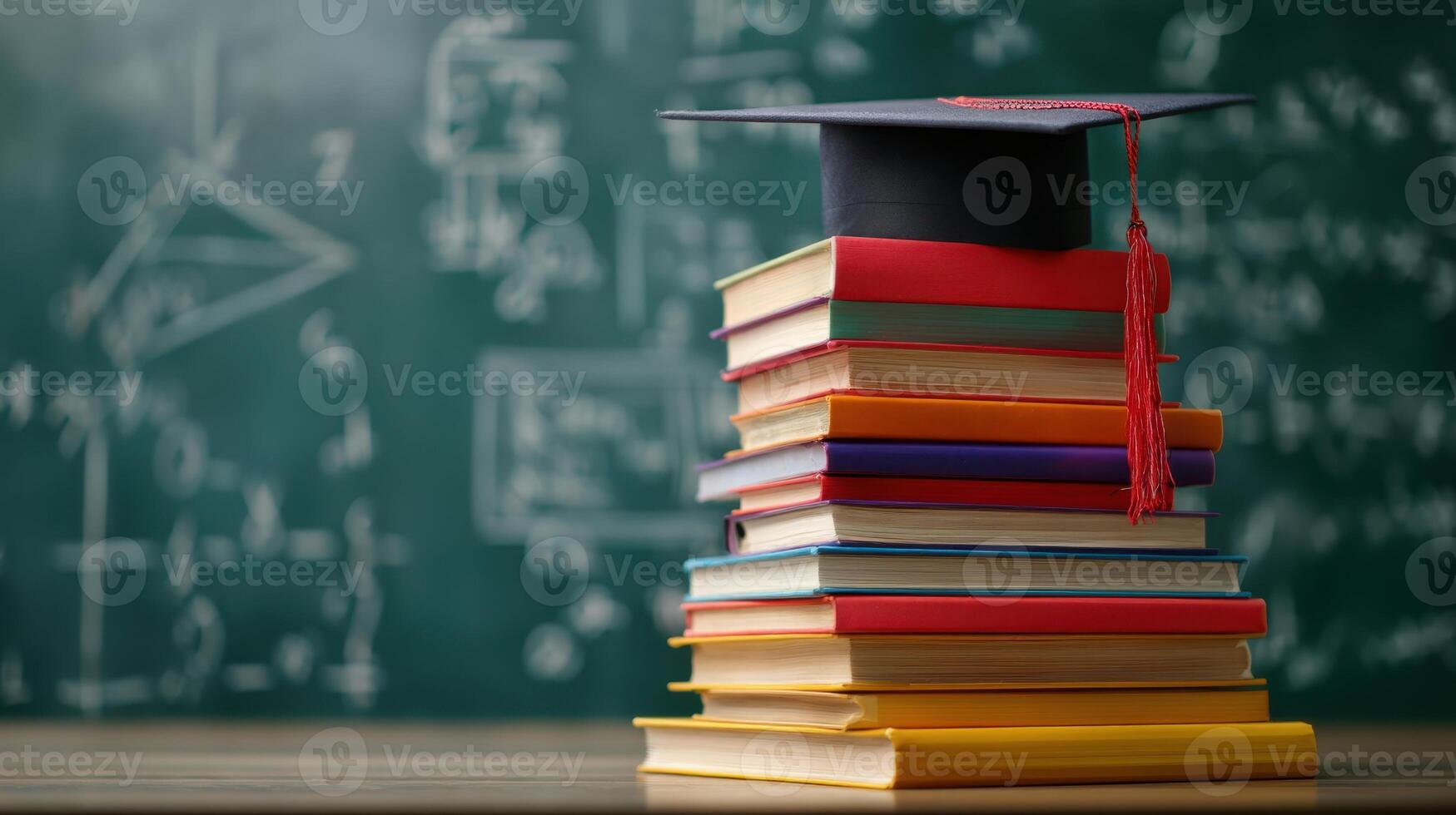 The graduation cap resting on a vibrant stack of educational books photo