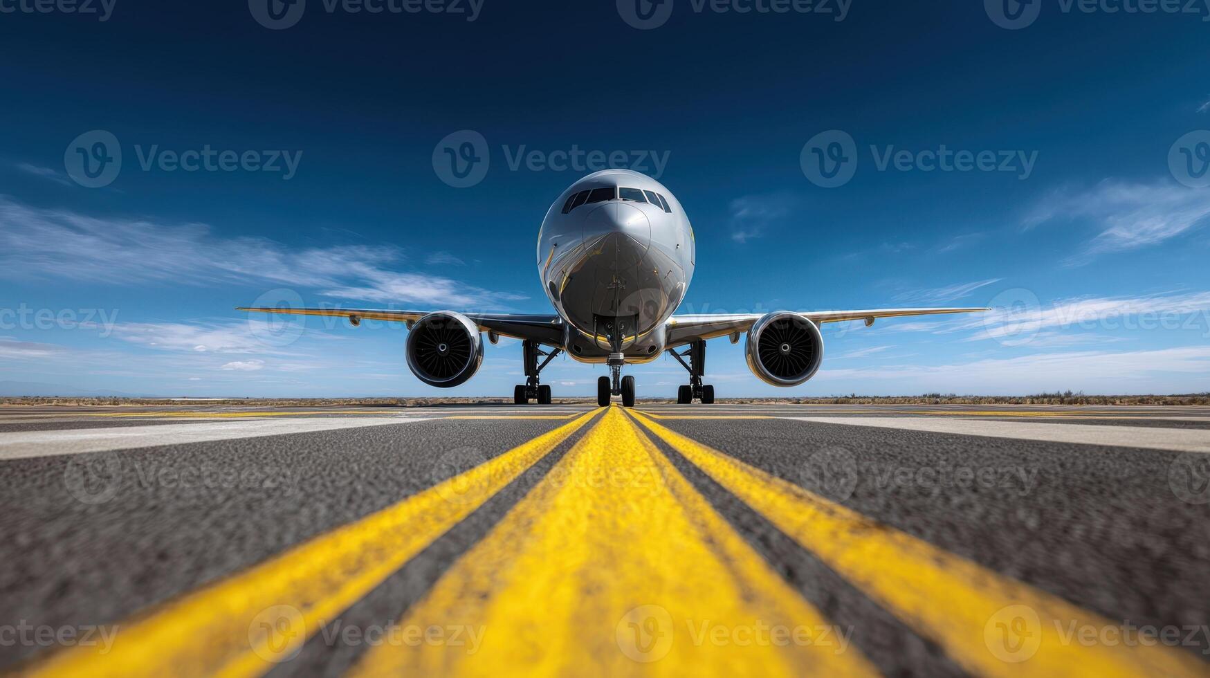The airliner on the runway against a clear blue sky with dynamic clouds. photo