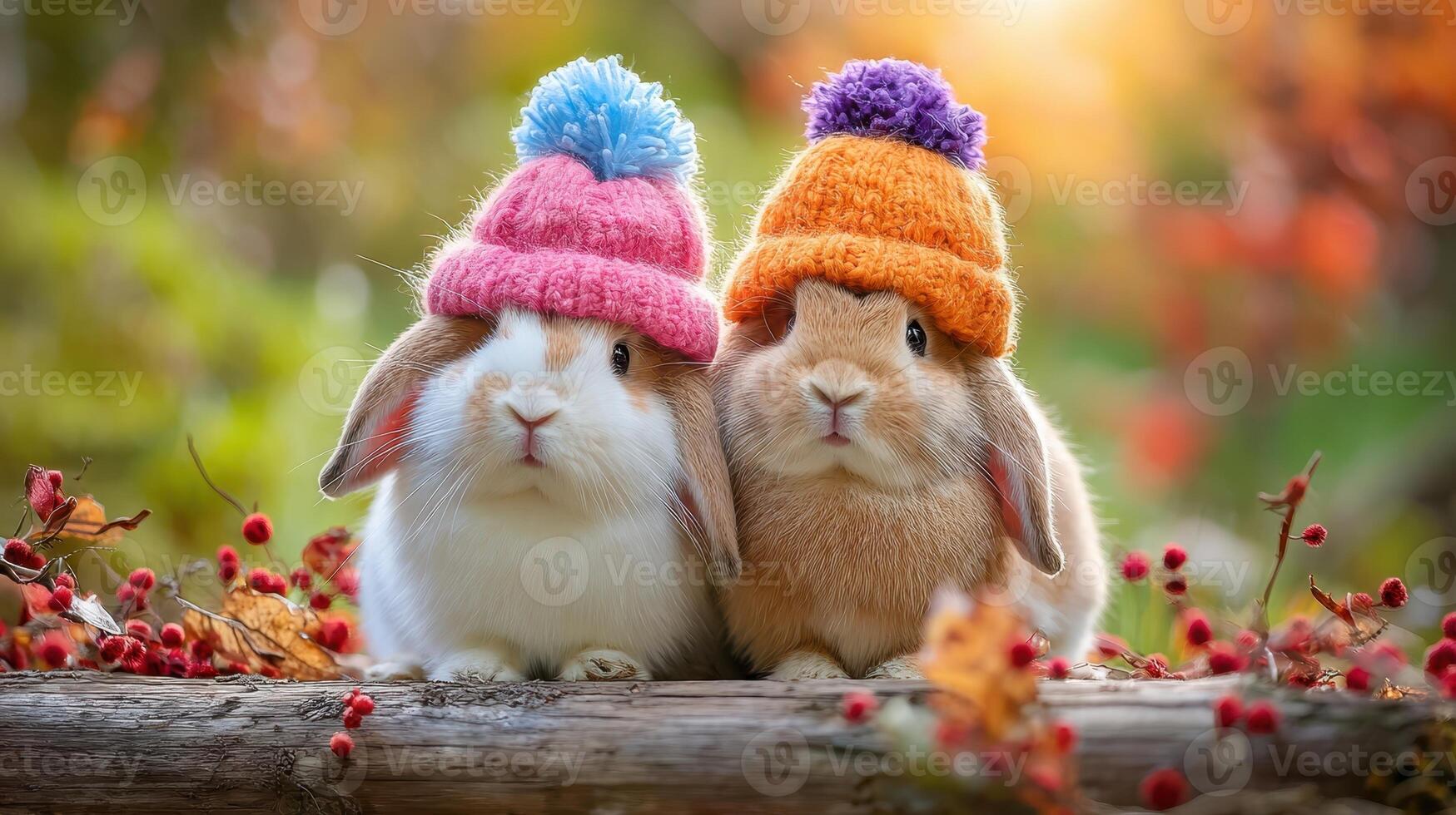 The adorable rabbits wearing colorful hats enjoying a sunny autumn day. photo