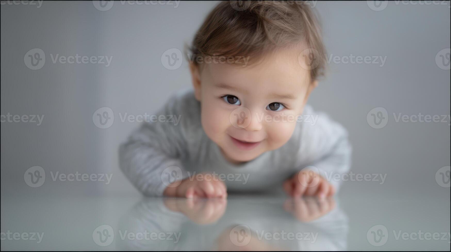 The adorable baby smiling warmly while crawling on a reflective surface. photo