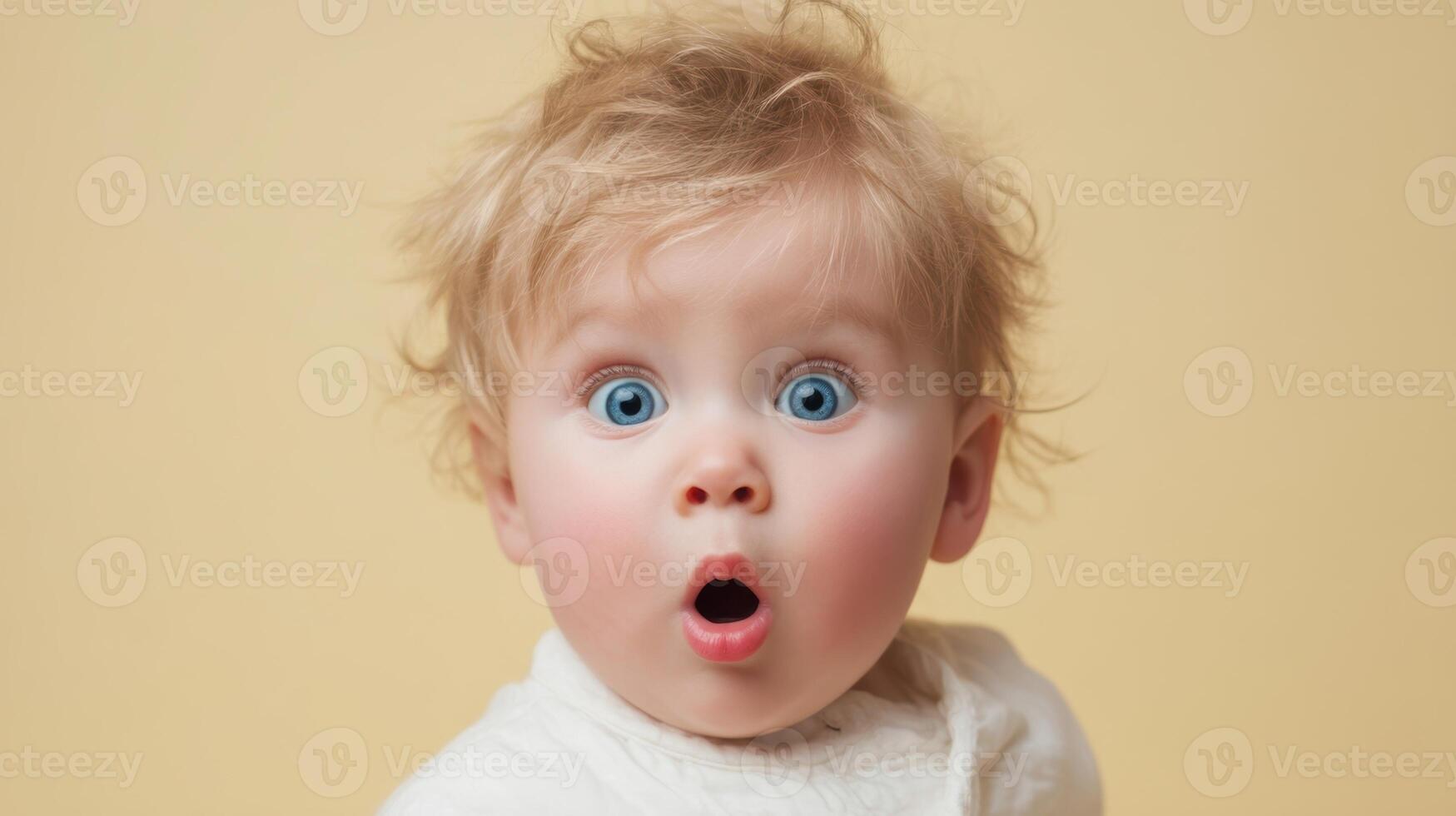 The surprised baby with big blue eyes and tousled hair expressing joy. photo