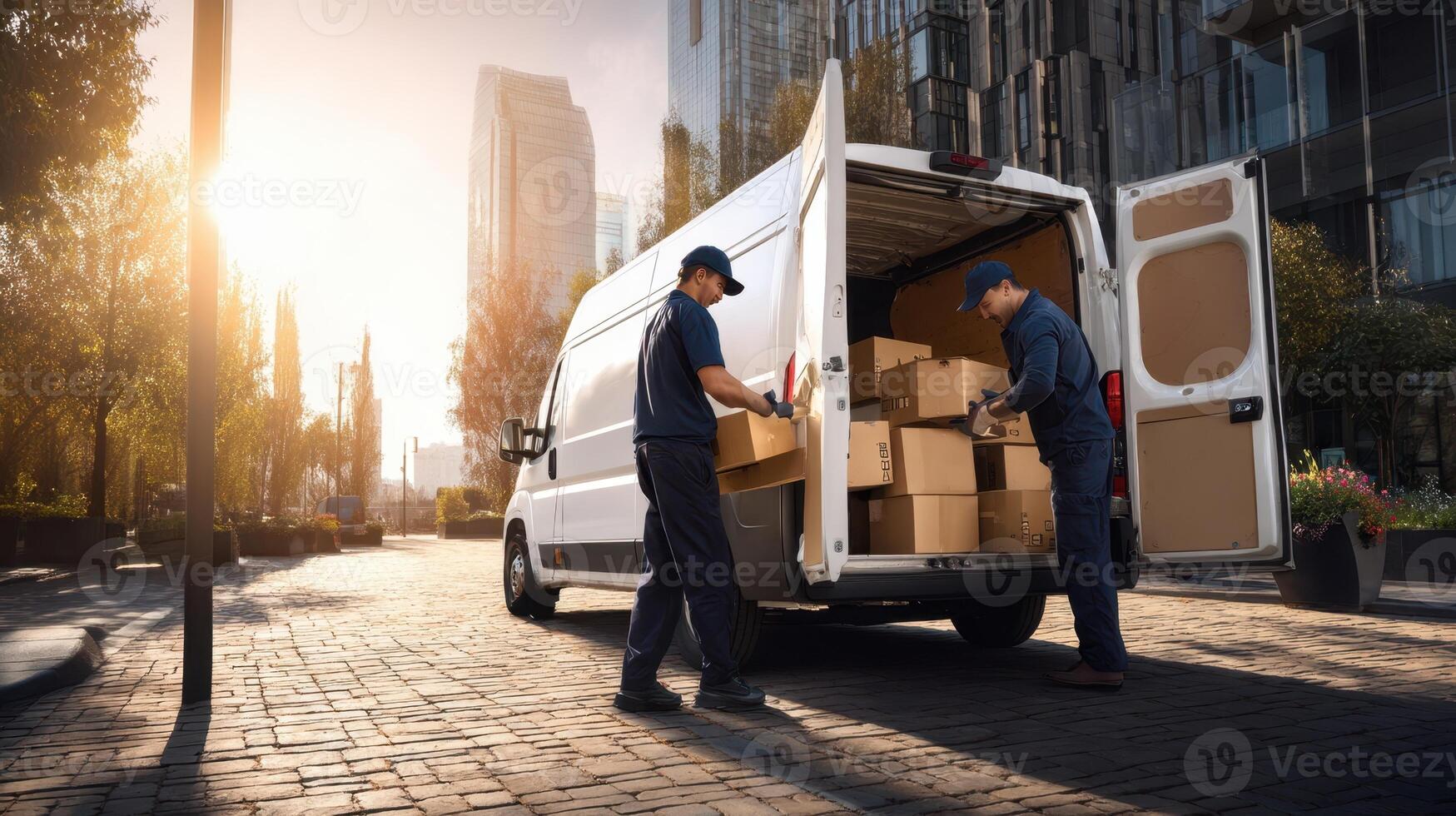 The delivery team unloading packages from a van in an urban setting. photo