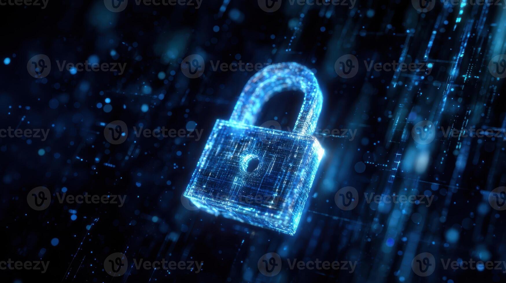 The digital lock symbolizing cybersecurity and data protection in a virtual landscape. photo